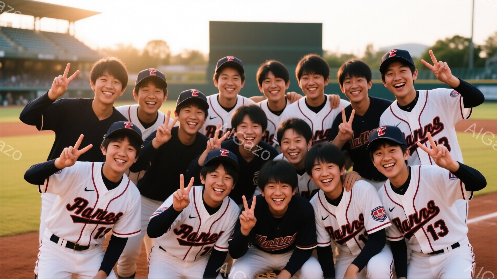 野球帽とユニフォームを着用した若い野球チームのメンバーが、野球場の土の上に密集して写っています。彼らは皆笑顔で、ピースサインや両手で「V」サインを作っています。背景には観客席と夕焼け空が見え、チームの勝利や喜びを祝う明るく活気のある雰囲気です。