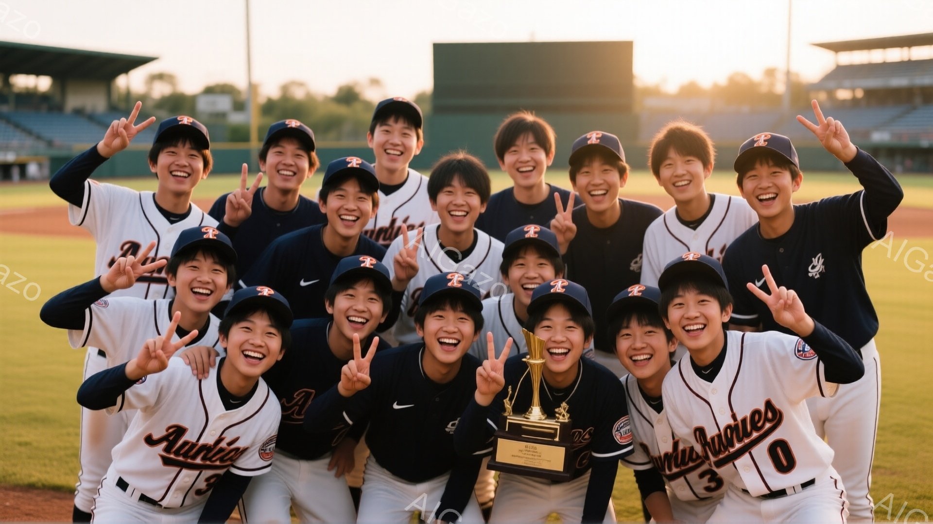野球ユニフォームを着た若い男性たちが、野球場の中央で勝利を祝って記念撮影をしている様子が写っている。彼らは皆笑顔で、ピースサインや両手を挙げるなど、喜びを表現している。背景には緑の芝生、観客席、そして夕焼け空が広がり、温かくお祝いの雰囲気が漂っている。