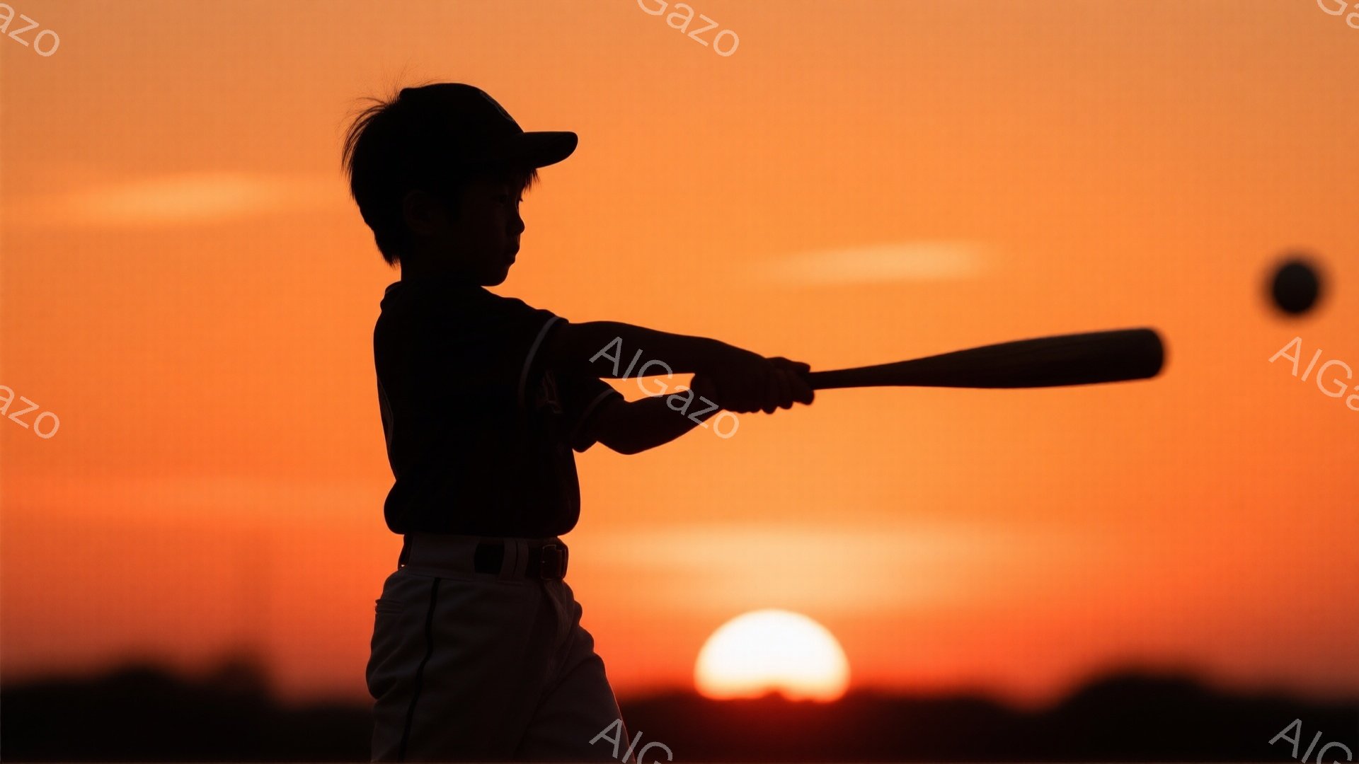 夕焼けを背景に、少年が野球のバットを振る姿がシルエットで描かれている。少年は野球帽を被り、ユニフォーム姿で、力強くスイングしている。背景は燃えるように赤い夕焼け空で、遠くには地平線が見え、全体的に情熱的でドラマチックな雰囲気を醸し出している。