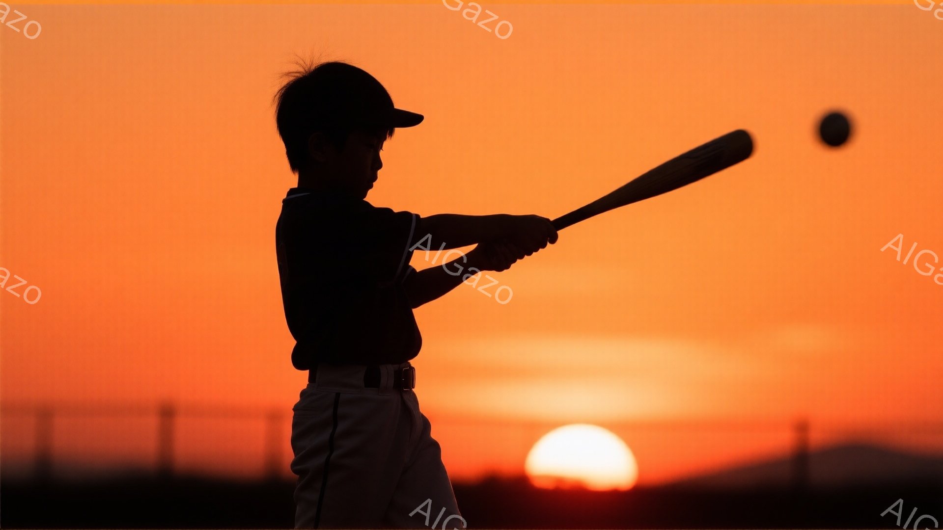 夕焼けを背景に、少年が野球のバットを振るシルエットが捉えられています。少年は野球帽を被り、ユニフォームのような服装で、力強くスイングしています。背景にはオレンジ色の夕焼けと、ぼんやりとしたフェンスが見え、運動場の雰囲気を醸し出しています。