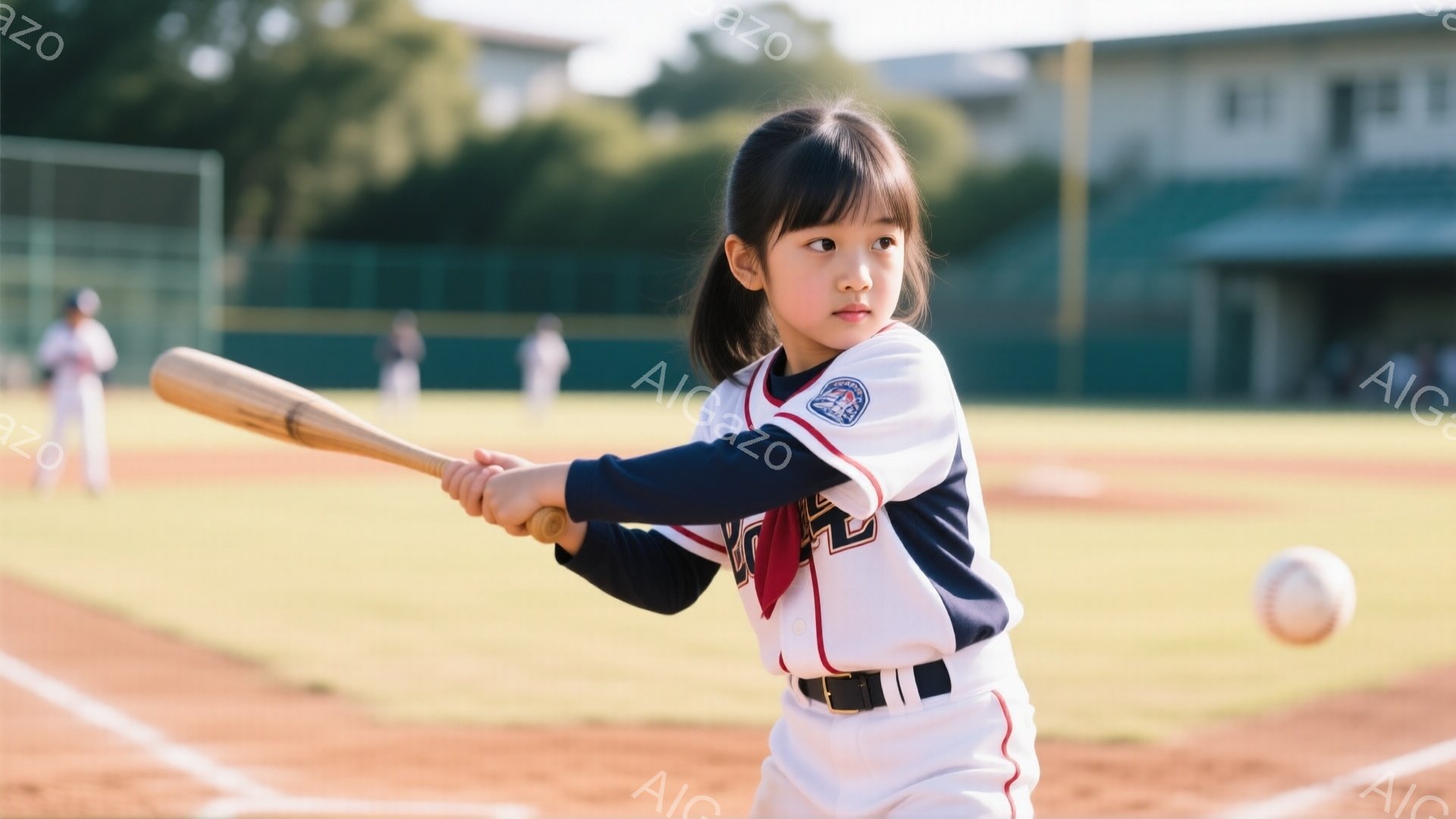 少女は野球のバッターボックスに立ち、バットを振りかぶってボールを打とうとしているところです。彼女は白いユニフォームにネイビーの長袖シャツ、黒いベルトを着用し、髪は後ろでポニーテールに結んでいます。背景には野球場が見え、晴れた空の下、緑豊かな自然が広がっています。