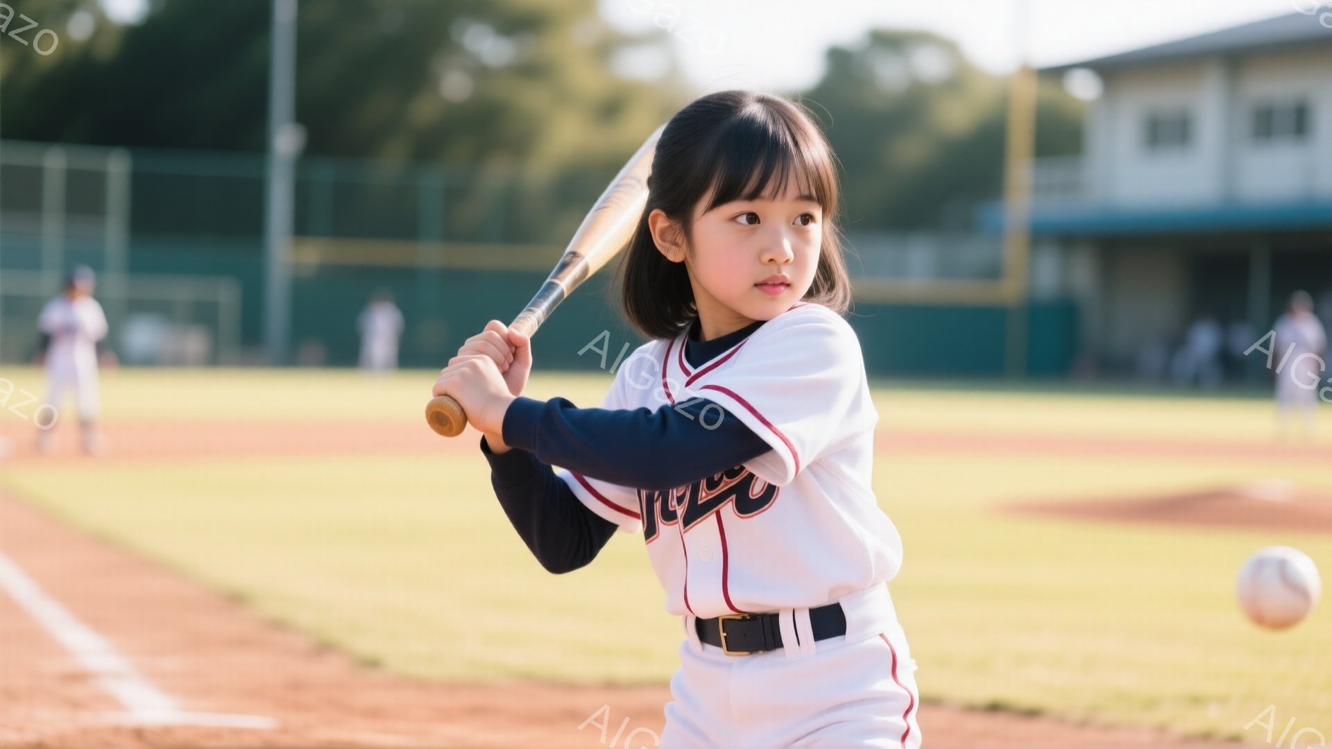 少女は野球場でバットを構え、打つ準備をしている。白いユニフォームに赤い縁取りがあり、黒いアンダーシャツを着用し、髪は前髪を下ろしたボブスタイルだ。背景には緑の野球場と建物が見え、晴天の下、活気のある練習風景が広がっている。