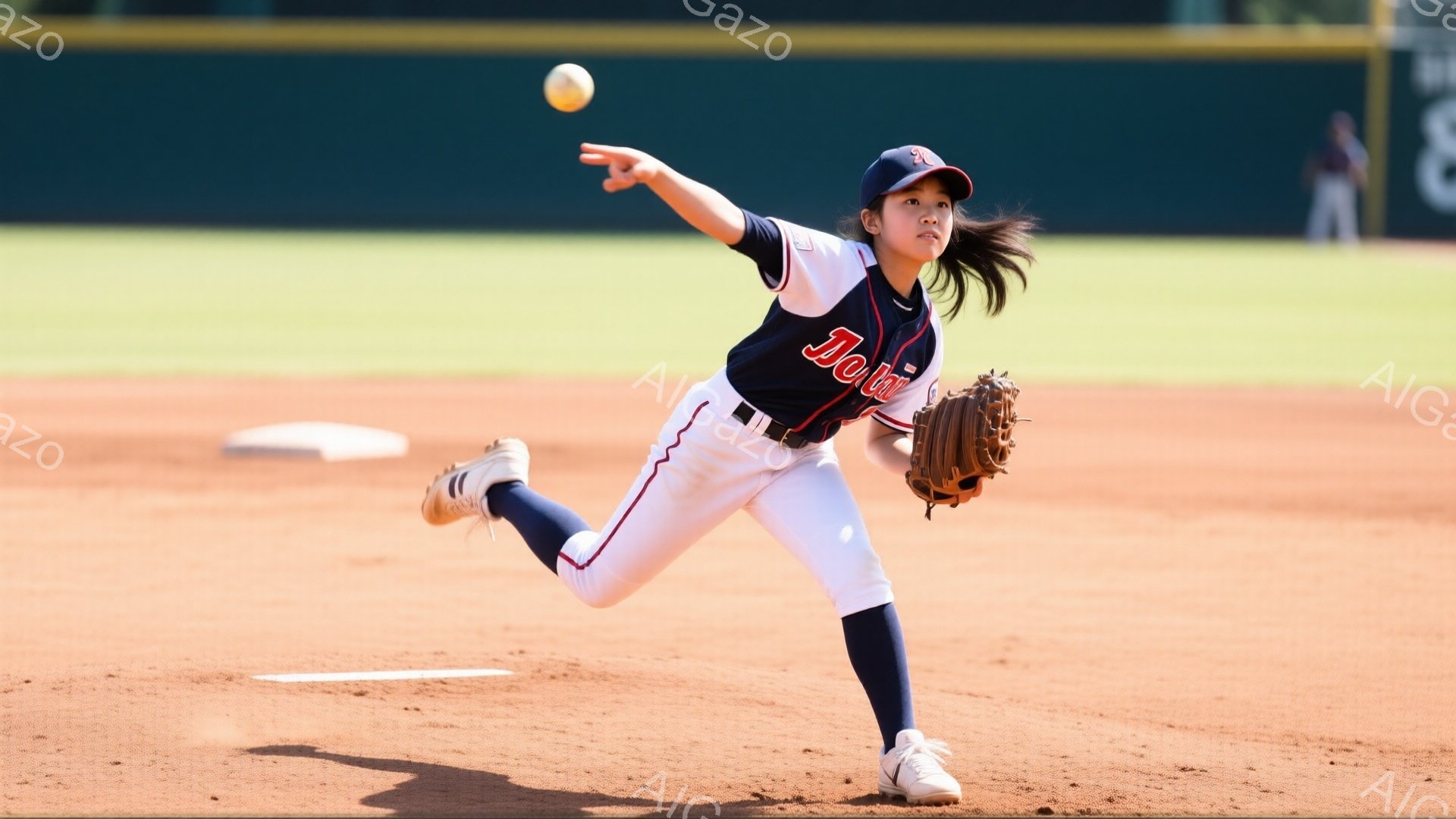 野球場で投球動作をしている少女が写っている。紺と赤のユニフォーム、帽子を着用し、髪はポニーテールにしている。土のフィールドと緑の芝生、そして背景には観客席が見え、晴天の下で活気のある試合が行われている - AI生成フリー素材