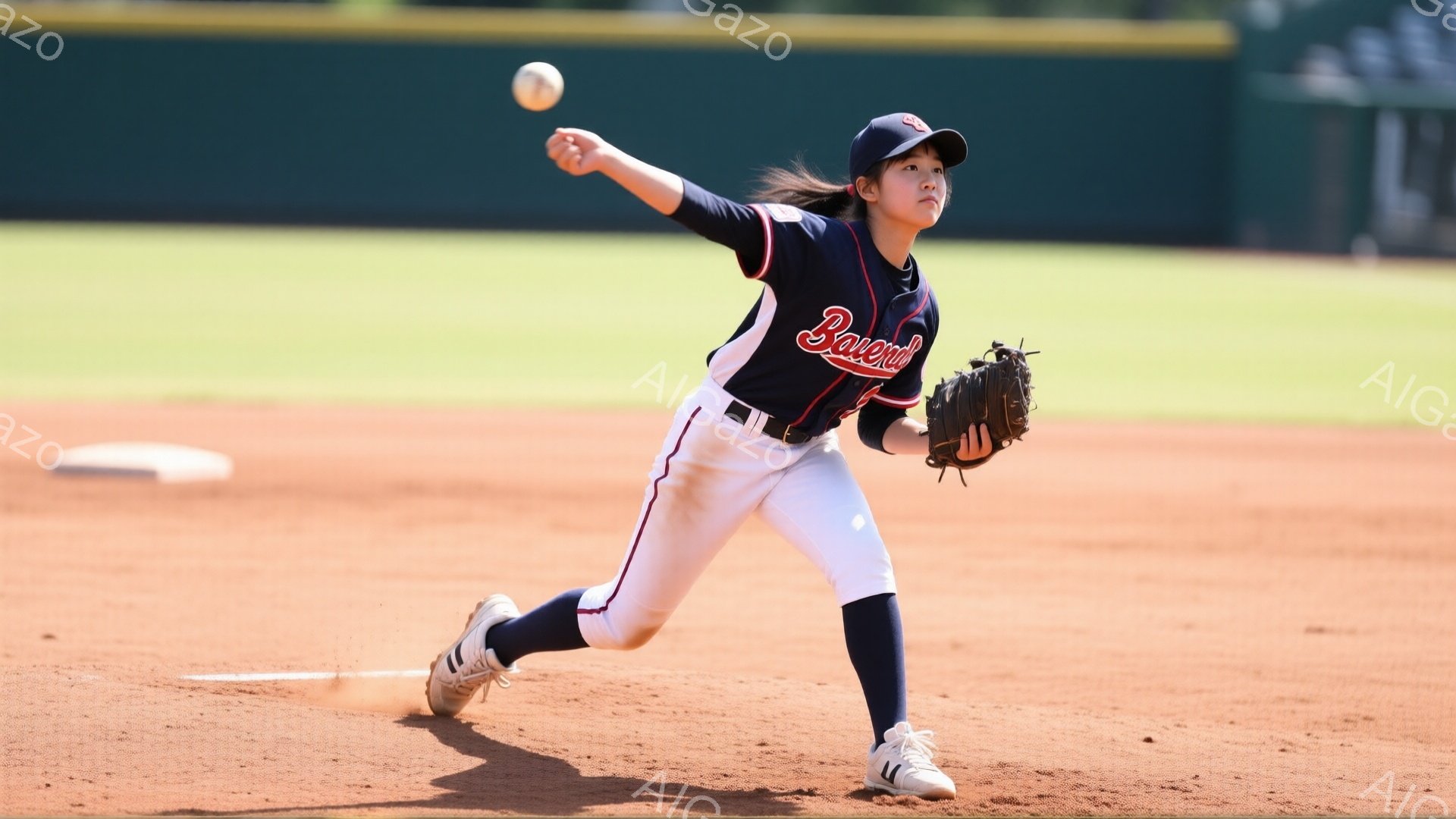野球場で投球動作をしている少女が写っています。赤いベースボールキャップと紺色のユニフォーム、白のスパイクシューズを身につけ、髪はポニーテールにされています。土色のグラウンドと緑の背景、そして晴天の下で、少女は力強くボールを投げています。