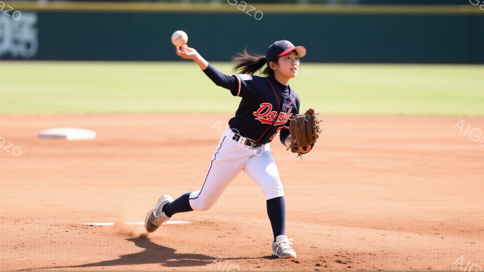 茶髪をポニーテールにした若い女性が野球のピッチングをしている。彼女は紺色のユニフォームと白いスニーカーを着用し、力強い投球フォームでボールを投げている。背景には緑の芝生と土のフィールド、そしてぼやけた観客席が見え、晴れた日の屋外での試合の様子を表している。