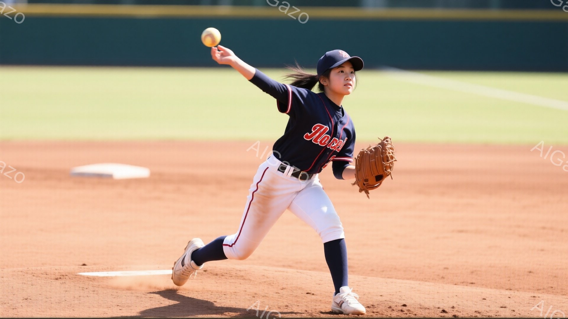 少女は野球場で投球の動作をしています。紺色のシャツと白いパンツを着用し、帽子を被っています。背景には緑の芝生と観客席が見え、晴天の下で活気のある雰囲気が漂っています。