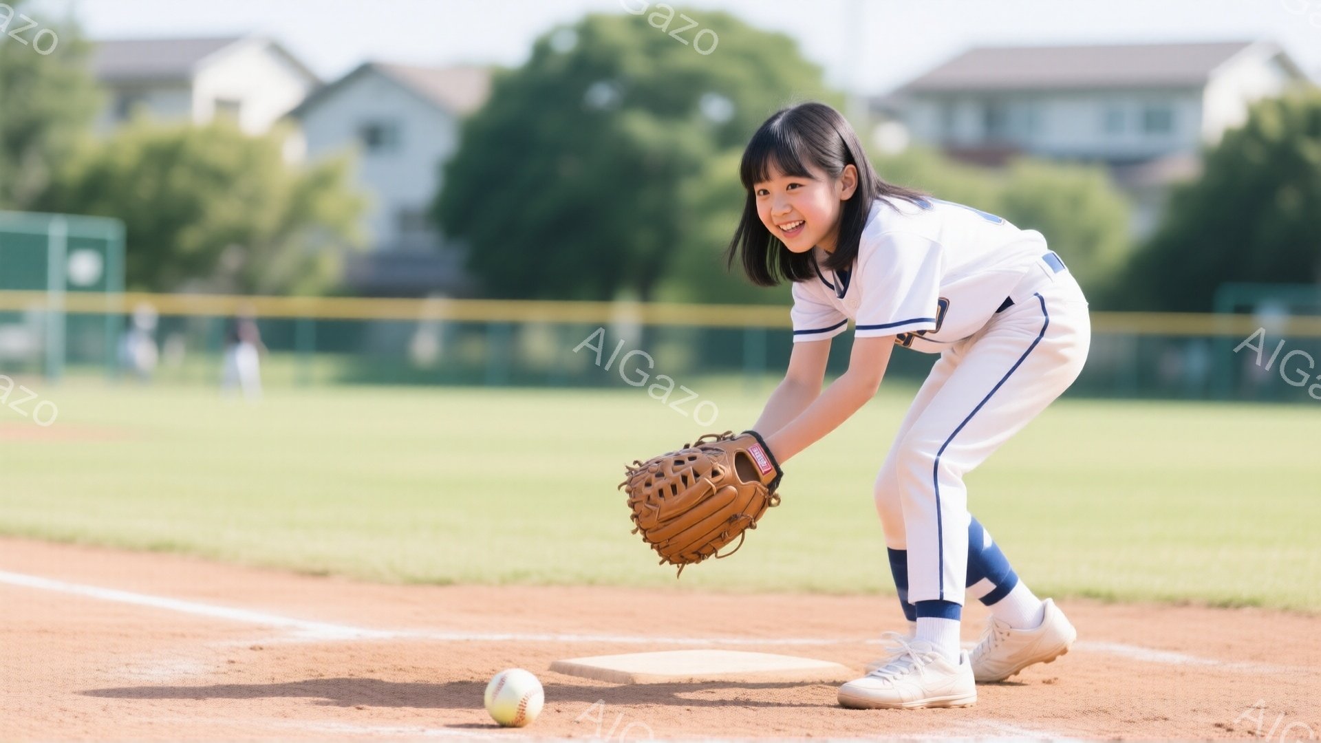 女子は野球場で、青いユニフォームと白いソックス、スニーカーを着用し、野球の準備をしている。彼女は少し笑顔で、グローブを構え、地面に落ちたボールを見つめている。背景には緑の芝生と建物が見え、晴天で明るい雰囲気である。