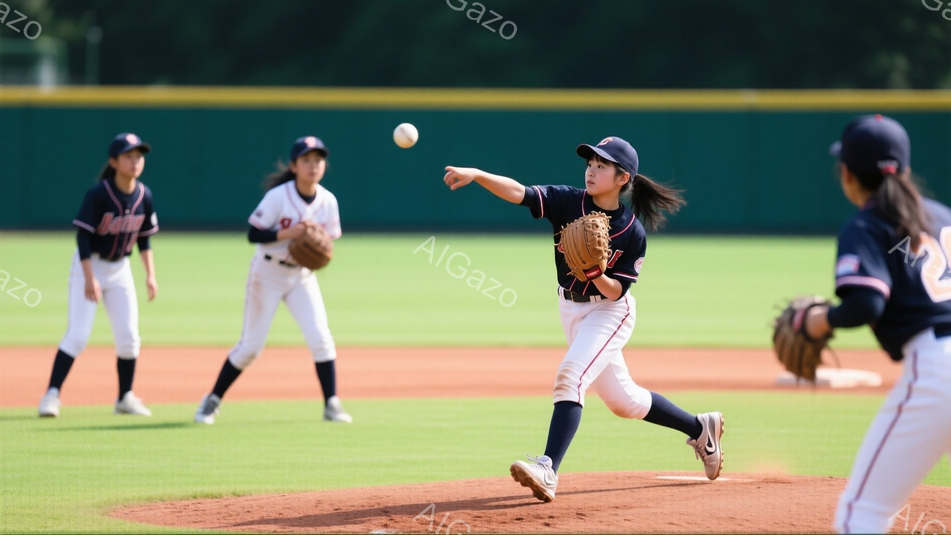 野球場で少女が投球している様子が写っている。少女は紺色の帽子、赤いシャツ、白いズボンを身につけ、髪はポニーテールにしている。背景には緑の芝生と観客席が見え、晴れた日の屋外での試合の雰囲気が伝わる。