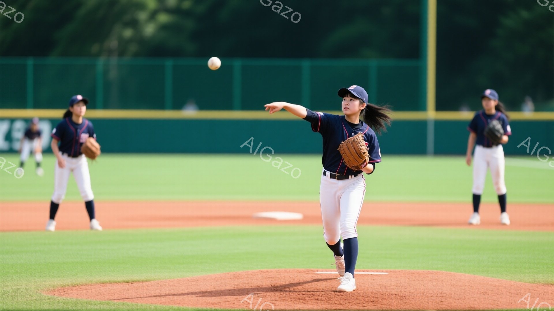 野球場で少女が投球フォームに入っている写真です。紺色のユニフォームと帽子を着用し、髪をポニーテールにしています。背景には緑の芝生とフェンスが見え、晴れた日の屋外での練習風景が伺えます。