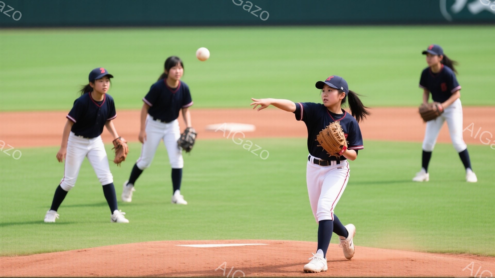 野球場で、若い女性選手たちが練習に取り組んでいます。一人が投球の動作をしており、黒いユニフォームにピンクの帽子を被り、髪はポニーテールにしています。背景には緑の芝生と観客席が見え、晴れた日の屋外での活動を連想させる、活気のある雰囲気です。