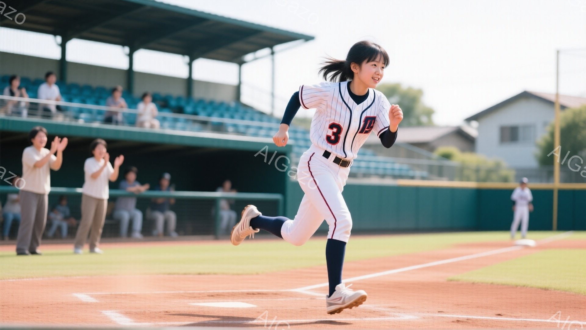 野球場で若い女性が力強く走っている様子が写っている。彼女は白地に青のストライプが入ったユニフォーム、背番号3、そしてトレッキングシューズを履いている。背景には緑の芝生と観客席、そして青空が広がり、活気 - AI生成フリー素材