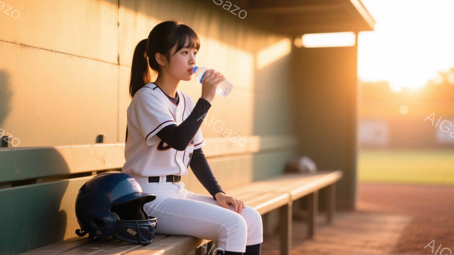 野球のベンチに座る女性選手が描かれている。彼女は白い長袖のユニフォームに黒いアンダーシャツ、白いズボンを着用し、ポニーテールにしている。水筒から水を飲みながら、少し疲れた様子で遠くを見つめている。