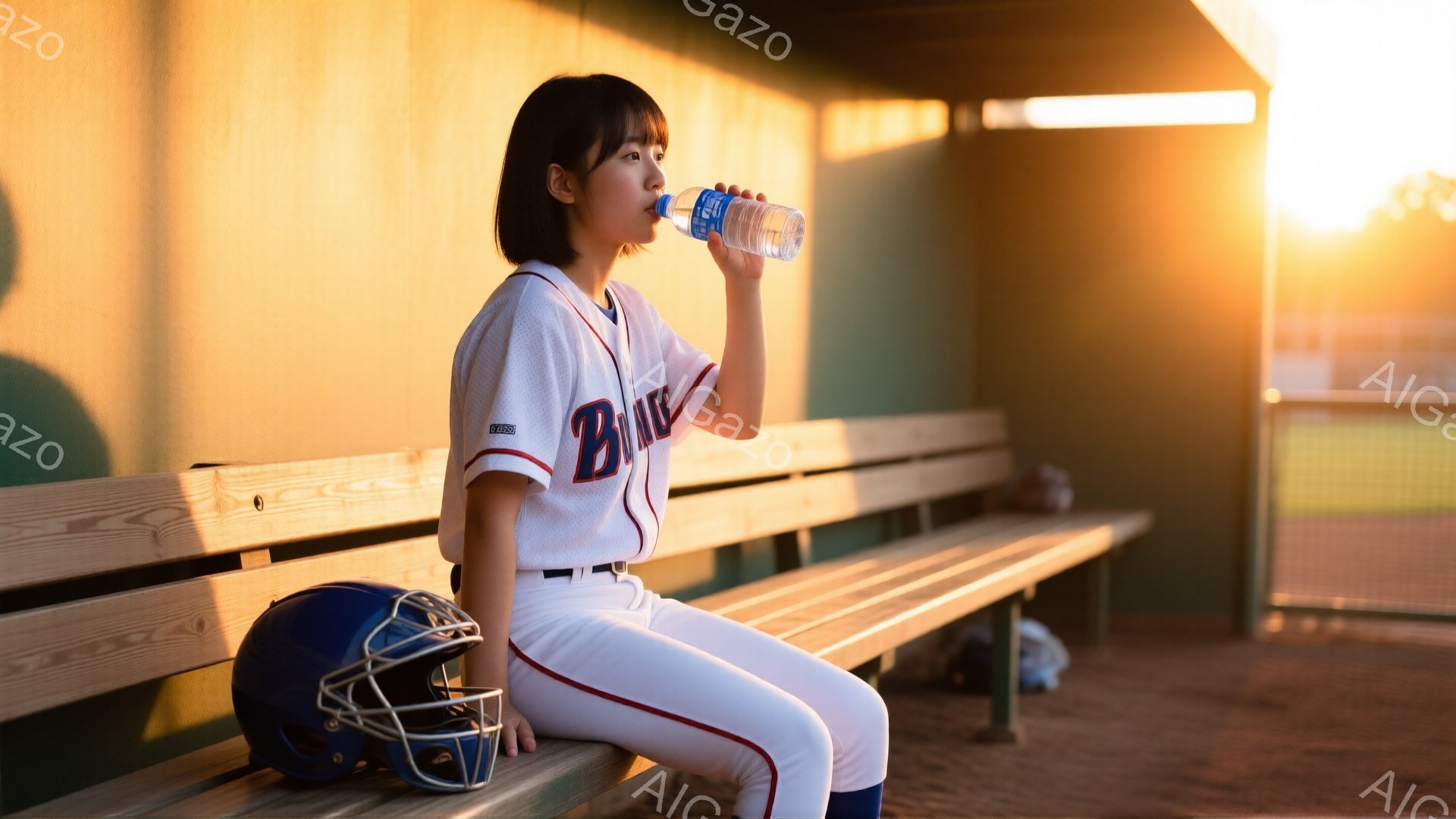 白い野球ユニフォームを着た若い女性が、ベンチに座って水筒から水を飲んでいます。彼女は黒いショートヘアで、リラックスした表情で少し横を向いています。背景には野球のヘルメットと、夕焼けに照らされた野球場が - AI生成フリー素材