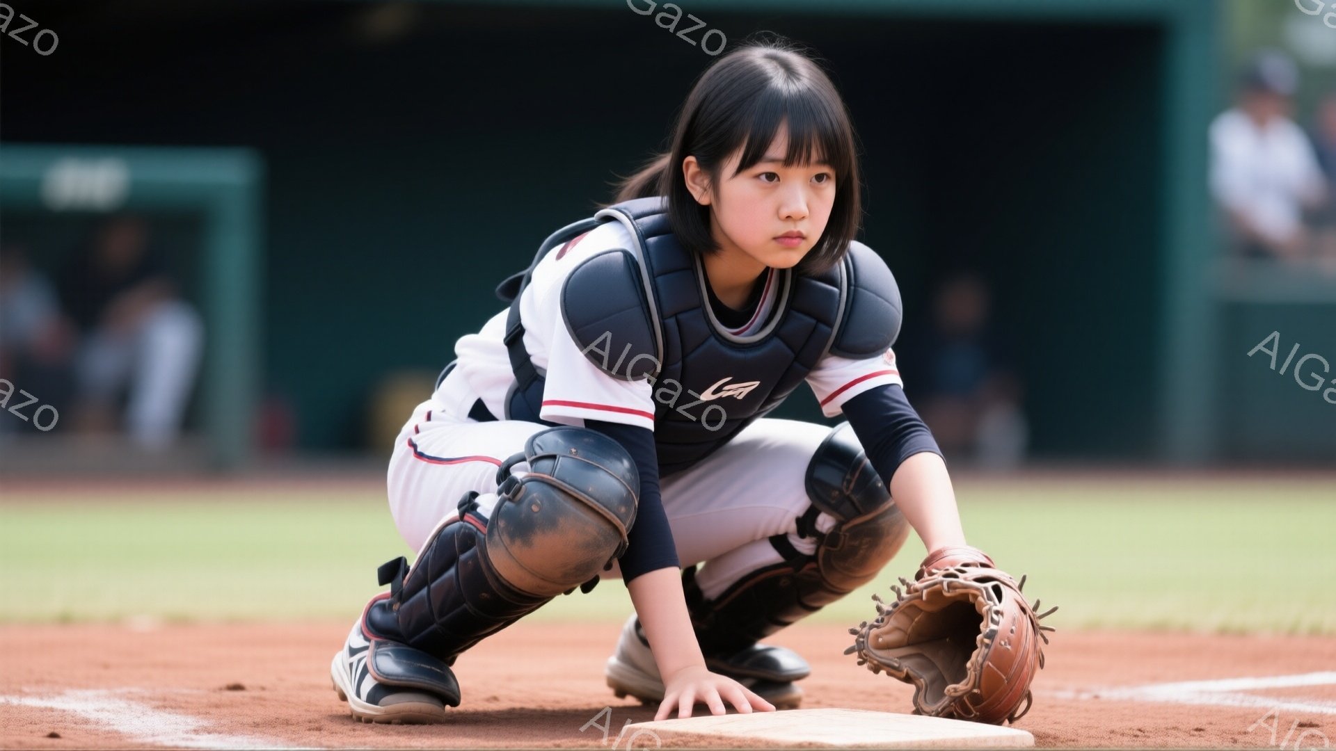 明るい緑の野球場に、キャッチャーの装備を身に着けた若い女性が写っている。彼女は白いシャツに黒いズボン、そして膝や脛を保護するパッド、胸当て、マスクを着用し、かがみ込んでホームベースに集中した表情をして - AI生成フリー素材