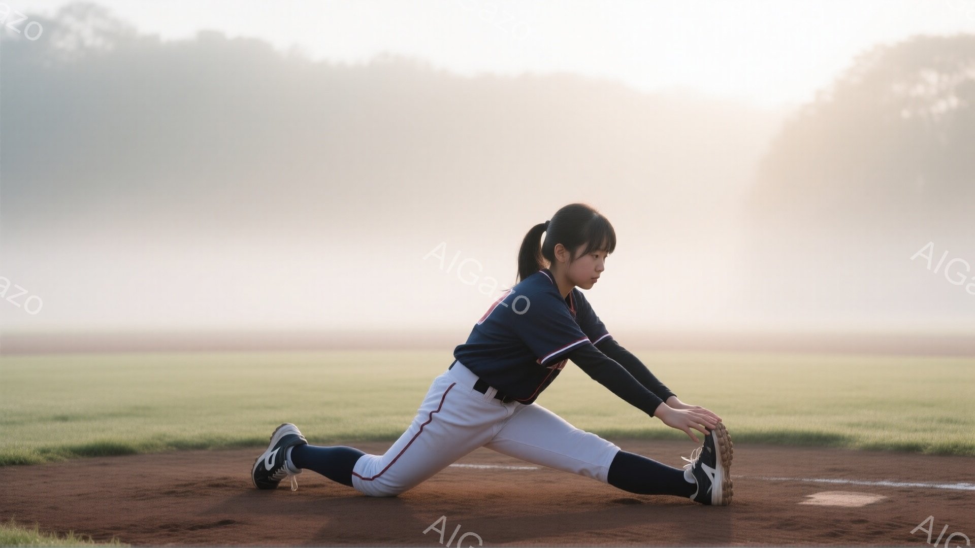 紺色の野球ユニフォームと白いレギンスを着用した若い女性が、野球場の土の上に片膝をついてストレッチをしている。彼女は長い黒髪をポニーテールにし、前かがみになって自分のつま先に手を伸ばしている。背景には緑の芝生と、朝靄の中にぼんやりと見える木々があり、静かで穏やかな雰囲気を醸し出している。