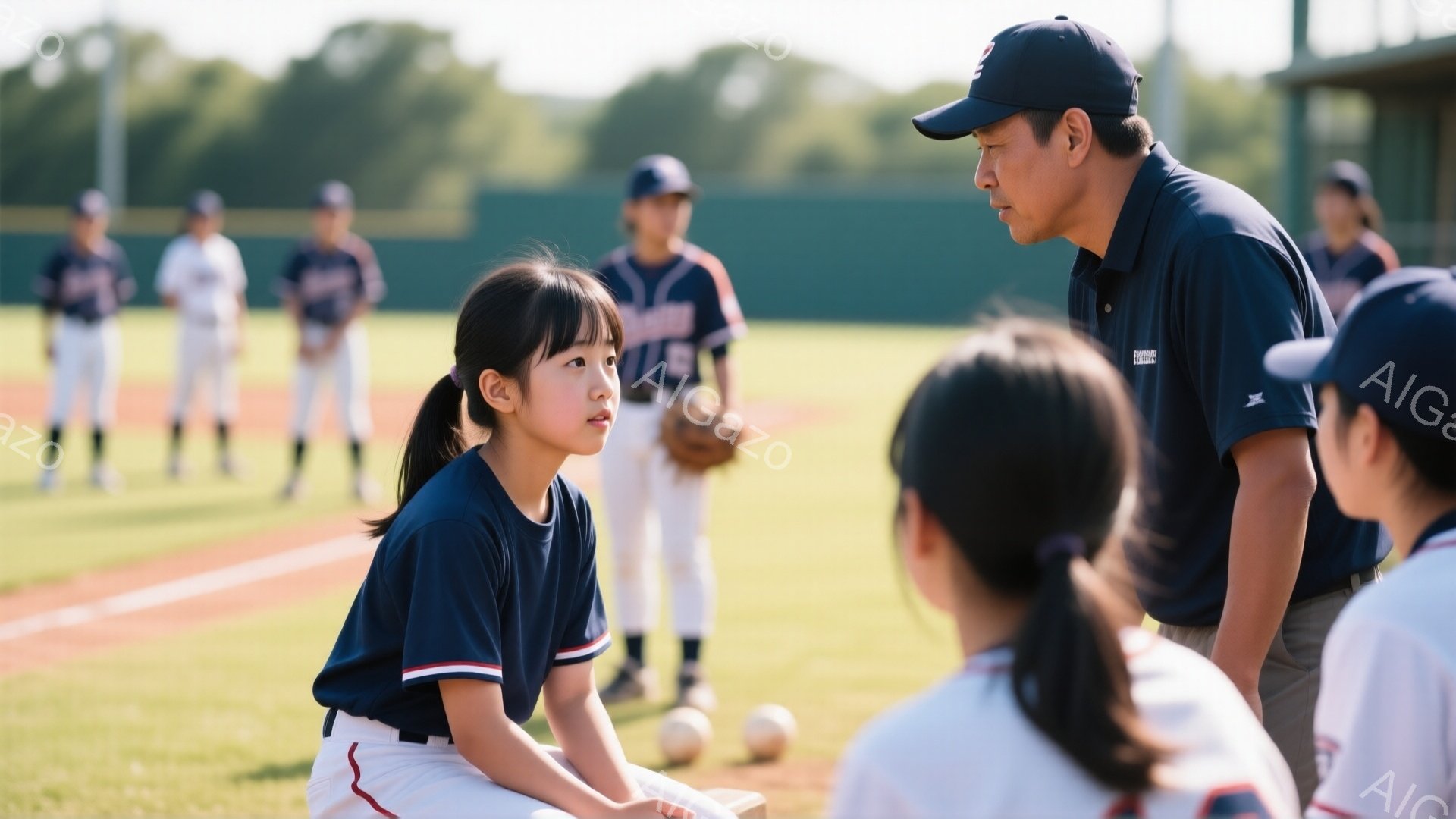 明るい日差しの中、野球の練習風景が見える。一人の少女がベンチに座り、コーチらしき男性が彼女に何かを話しかけている。背景には、青空の下、野球のユニフォームを着た少年たちが整列しており、全体的に活気があり、温かい雰囲気である。