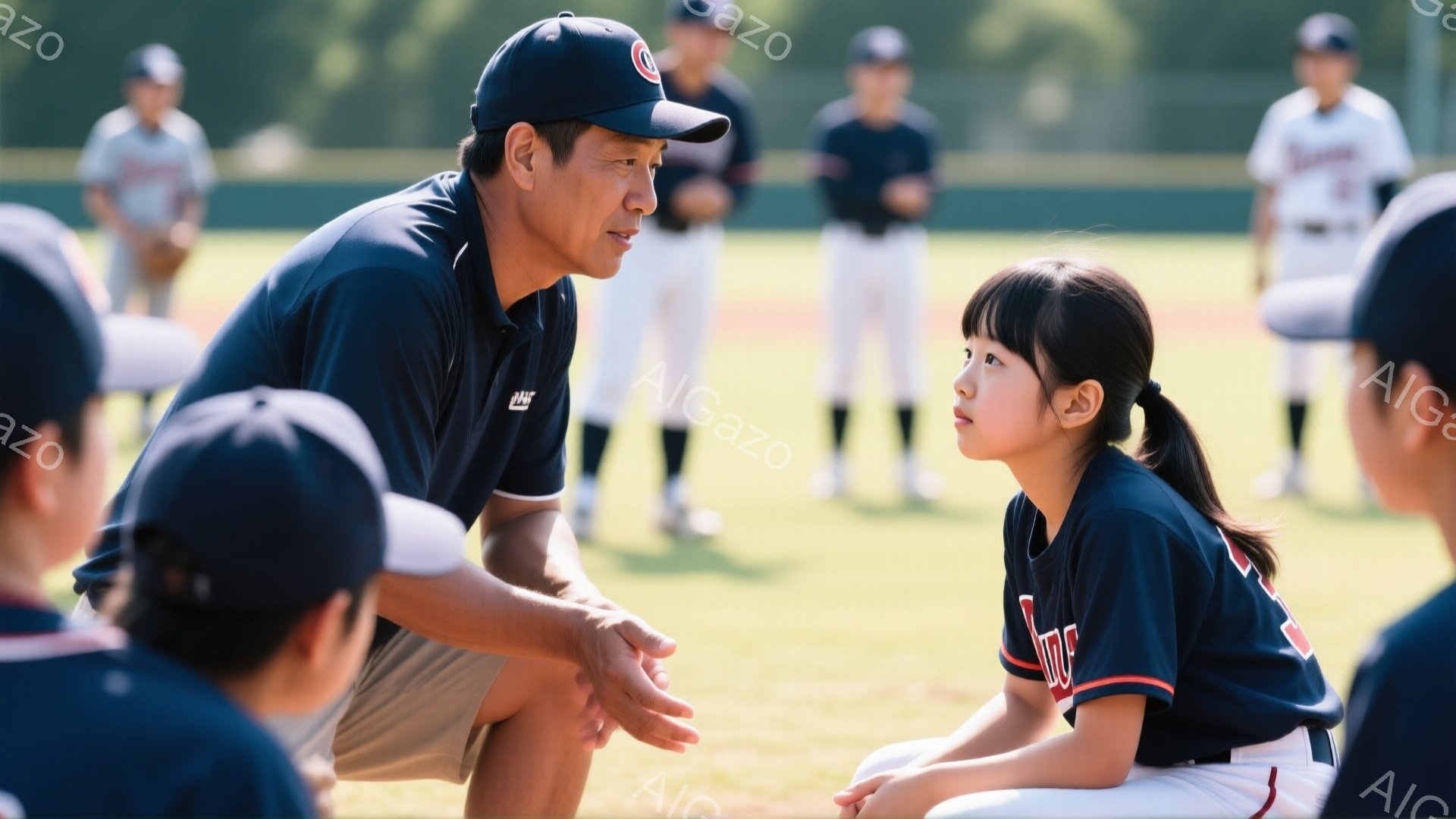 一人の男性コーチが、少女野球選手にしゃがんで話しかけている。コーチは紺色のポロシャツにベージュのズボン、帽子を被っており、真剣な表情でジェスチャーを交えながら話している。少女は紺色のユニフォームを着ており、少し不安げな表情でコーチを見上げている背景には、他の野球選手たちが練習しており、緑の芝生と晴れた空が広がっている。