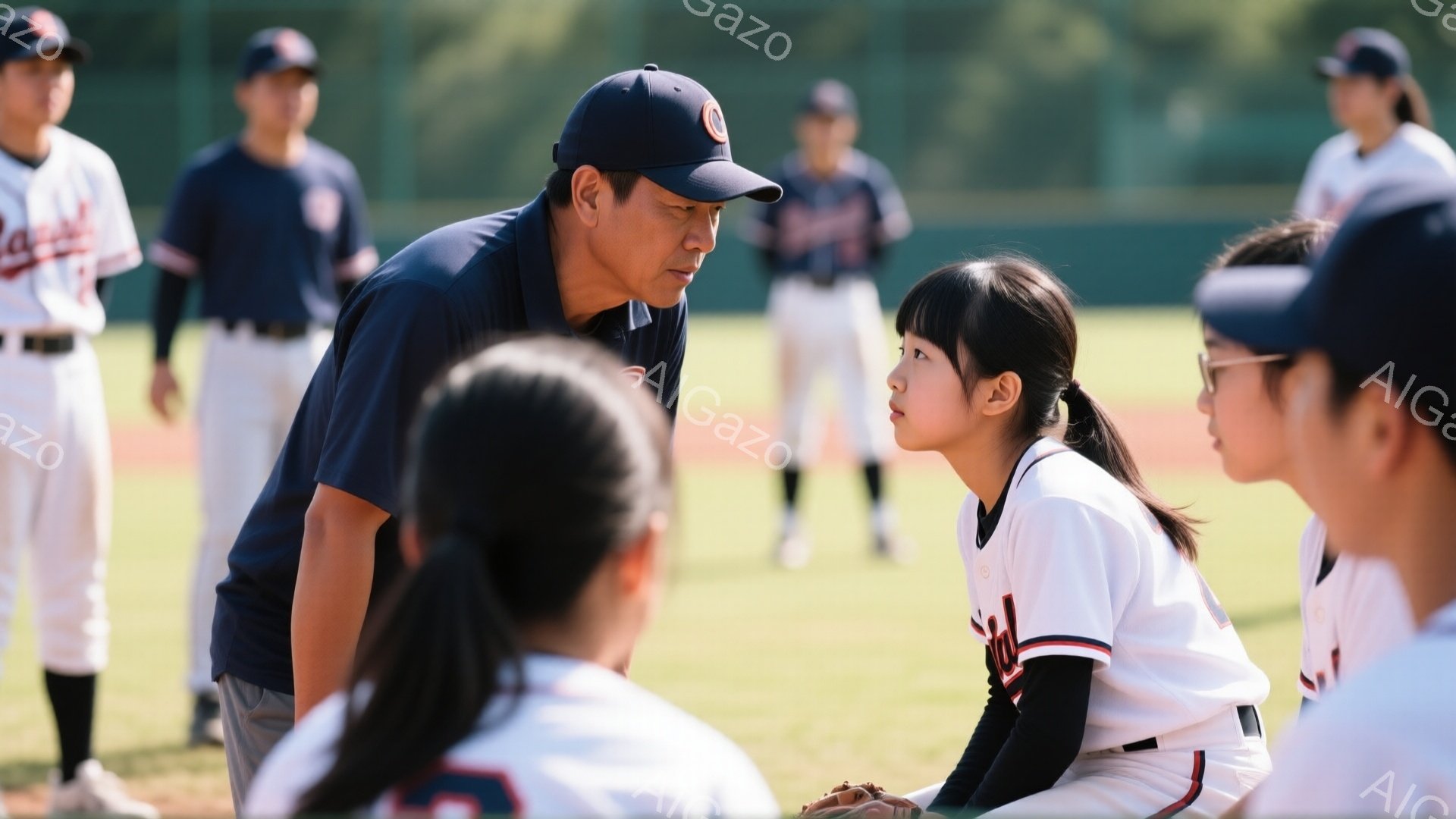 野球場のグリーンフィールドで、一人の男が少女に向かってしゃがみ込み、真剣な表情で話しかけている。少女は野球のユニフォームを着ており、髪はポニーテールで後ろに束ねられている。背景には他の野球チームのメンバーが練習している様子が見え、晴天の下、活気のある雰囲気が漂っている。