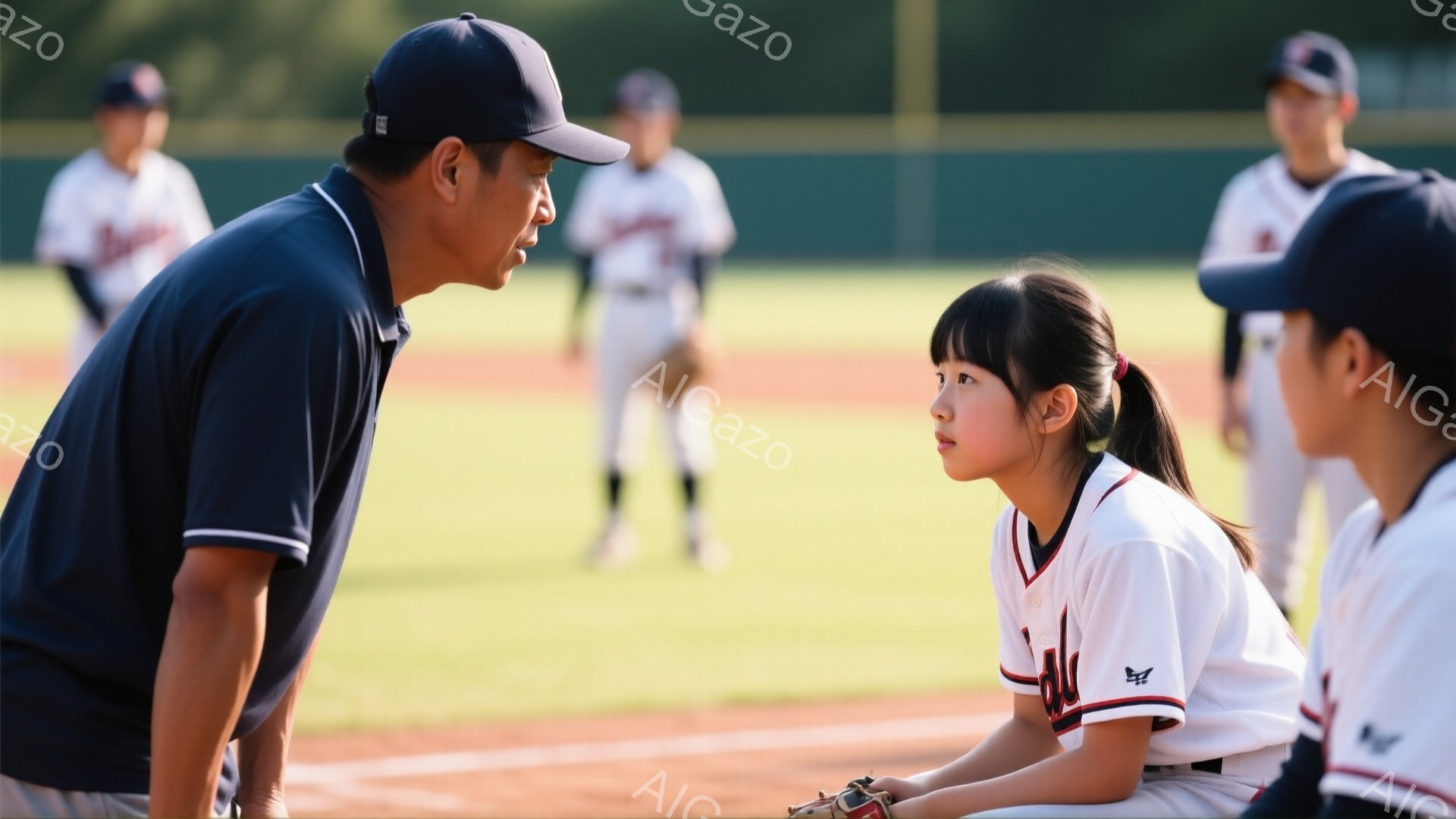 紺色の帽子とポロシャツを着た男性が、野球ユニフォームを着た少女と話しています。少女はベンチに座り、ややうつむき加減で、男性を見上げています。背景には野球場と緑豊かな木々が見え、晴れた日の練習風景を思わせる温かい雰囲気です。
