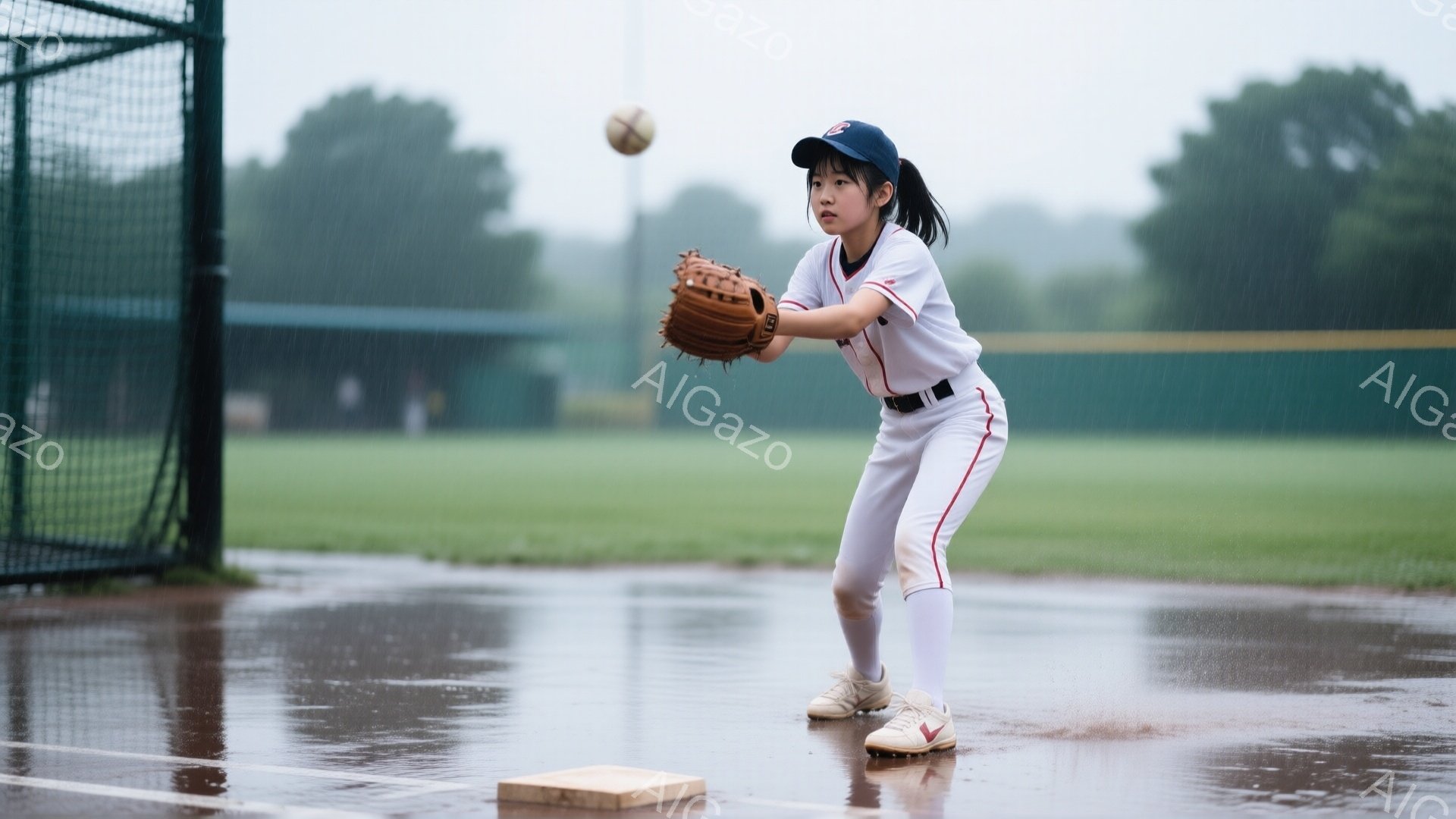雨が降る野球場で、少女が野球の練習をしている。彼女は白いユニフォームと赤い帽子を着用し、髪はポニーテールに結ばれている。少女はベースの近くで、キャッチボールの準備をしており、真剣な表情でボールを見つめている。