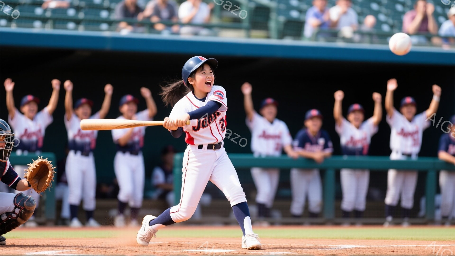 女の子が野球のバットを力強く振るっており、顔には満面の笑みが浮かんでいます。彼女は白いユニフォームと赤い帽子を着用し、髪はポニーテールに結ばれています。背景にはチームメイトたちが両手を挙げて喜び、青空 - AI生成フリー素材