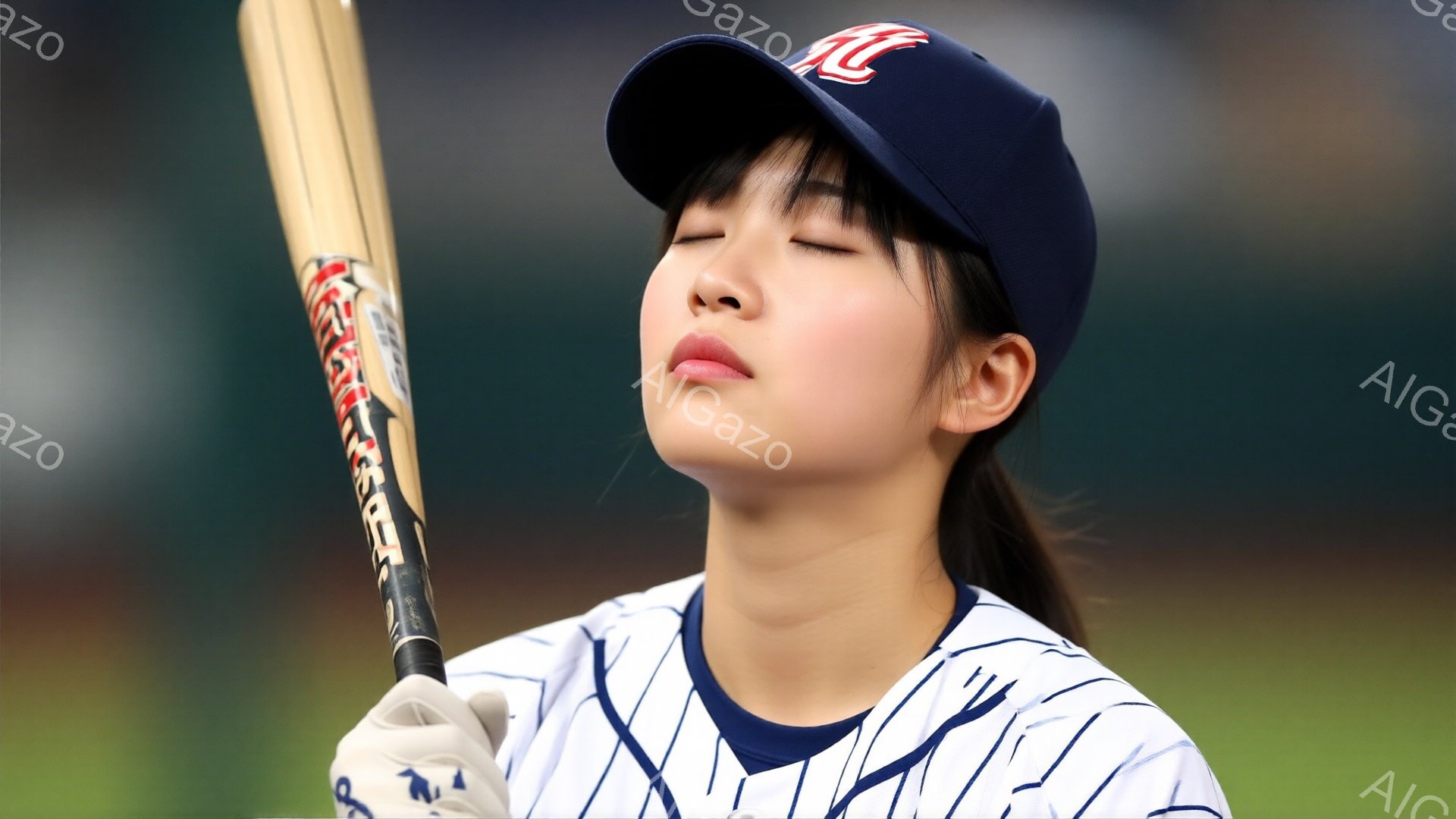 この女性は野球のユニフォームを着て、野球のバットを両手で握り、目を閉じています。紺色の帽子をかぶり、ポニーテールで髪を結んでいます。背景には緑色の芝生とぼやけた観客席が見え、晴れた日の屋外の野球場の雰 - AI生成フリー素材