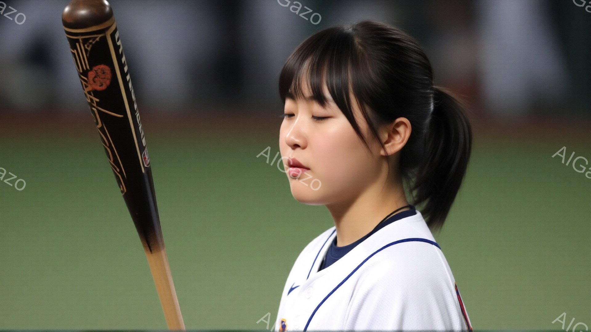 画像は、野球のユニフォームを着た若い女性が写っている。彼女は髪をポニーテールにし、目を閉じて何かを祈っているか、集中しているような表情をしている。背景は緑色の芝生で、ぼやけた球場の様子がうかがえ、全体的に真剣で静謐な雰囲気が漂っている。