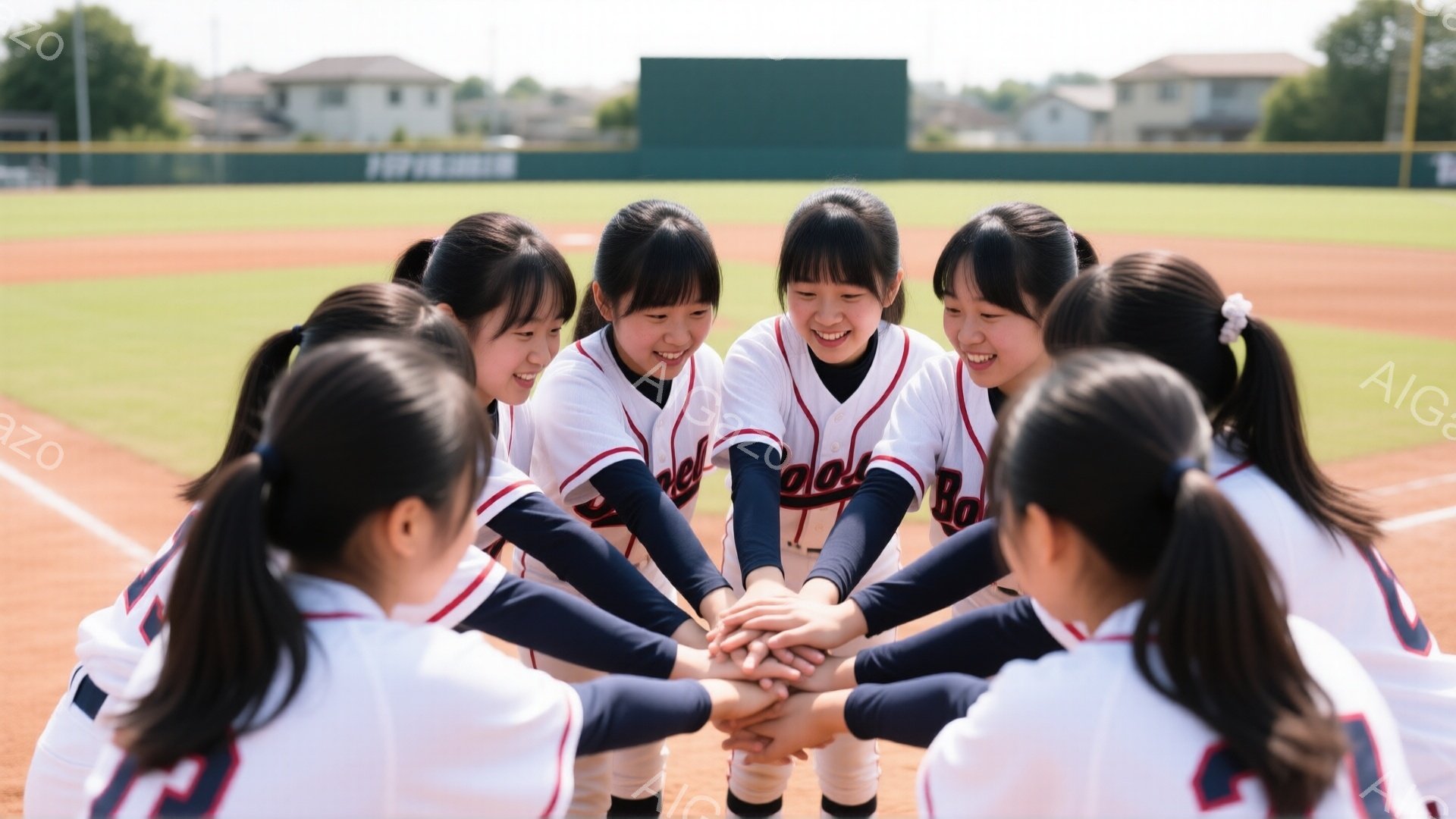 少女たちが野球のフィールドに集まり、円陣を組んで手を重ねています。皆、白いユニフォームとポニーテールで、笑顔を浮かべており、チームの一体感と活気が感じられます。背景には緑のフィールド、観客席、そして晴れた空の下の建物が見え、明るく爽やかな雰囲気です。