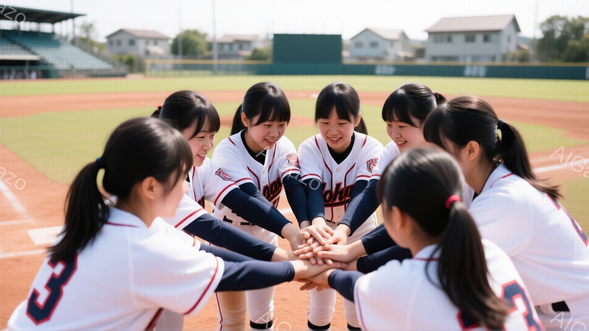 野球帽を被り、白と赤のユニフォームを着た若い女性たちが円陣を組んでいます。彼女たちは皆笑顔で、中央で手を重ね合い、チームの結束力を表しています。背景には野球場、観客席、そして晴れた青空が広がり、活気に満ちた雰囲気です。
