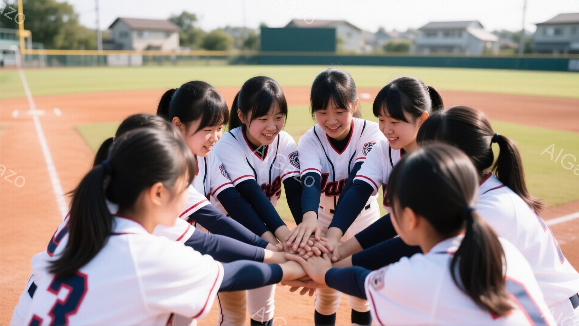 少女たちが野球場で円になって手を重ね、チームワークを表しています。皆、白い野球ユニフォームに赤い帽子をかぶり、ポニーテールで髪をまとめています。背景には緑のフィールドと建物が見え、晴れた日の活気ある雰 - AI生成フリー素材