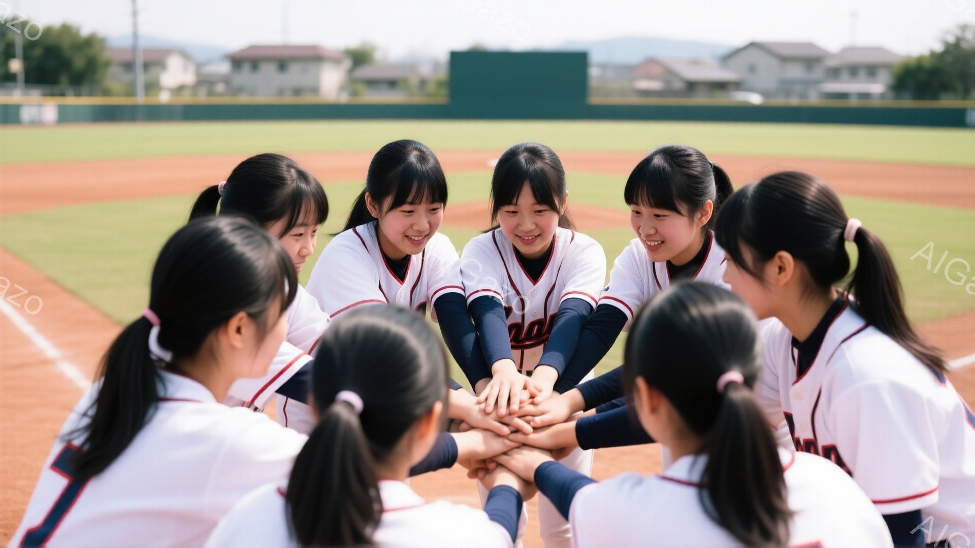 画像には、野球ユニフォームを着た若い女性たちのグループが、膝を曲げて円になって集まり、手を重ねている様子が写っています。彼女たちは皆、ポニーテールで髪を結い、笑顔で励まし合っているように見えます。背景には緑の野球場、遠くに建物と青空が広がり、晴れた日のチームワークを強調する、明るく活気のある雰囲気です。