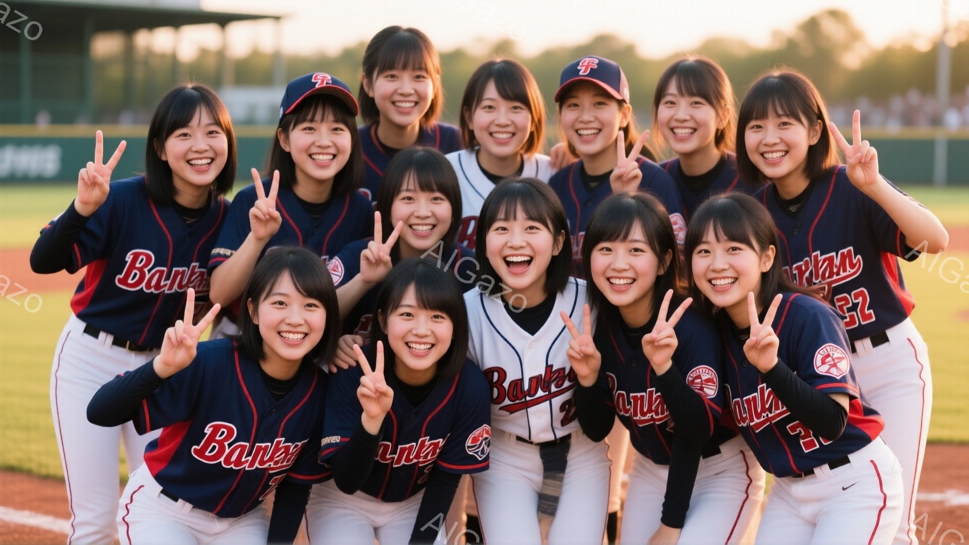 この画像には、野球ユニフォームを着た若い女性たちのグループが写っています。彼女たちは皆、青と赤のユニフォームを着ており、胸には「Bank」と書かれています。彼女たちは笑顔で、多くがピースサインをしています。