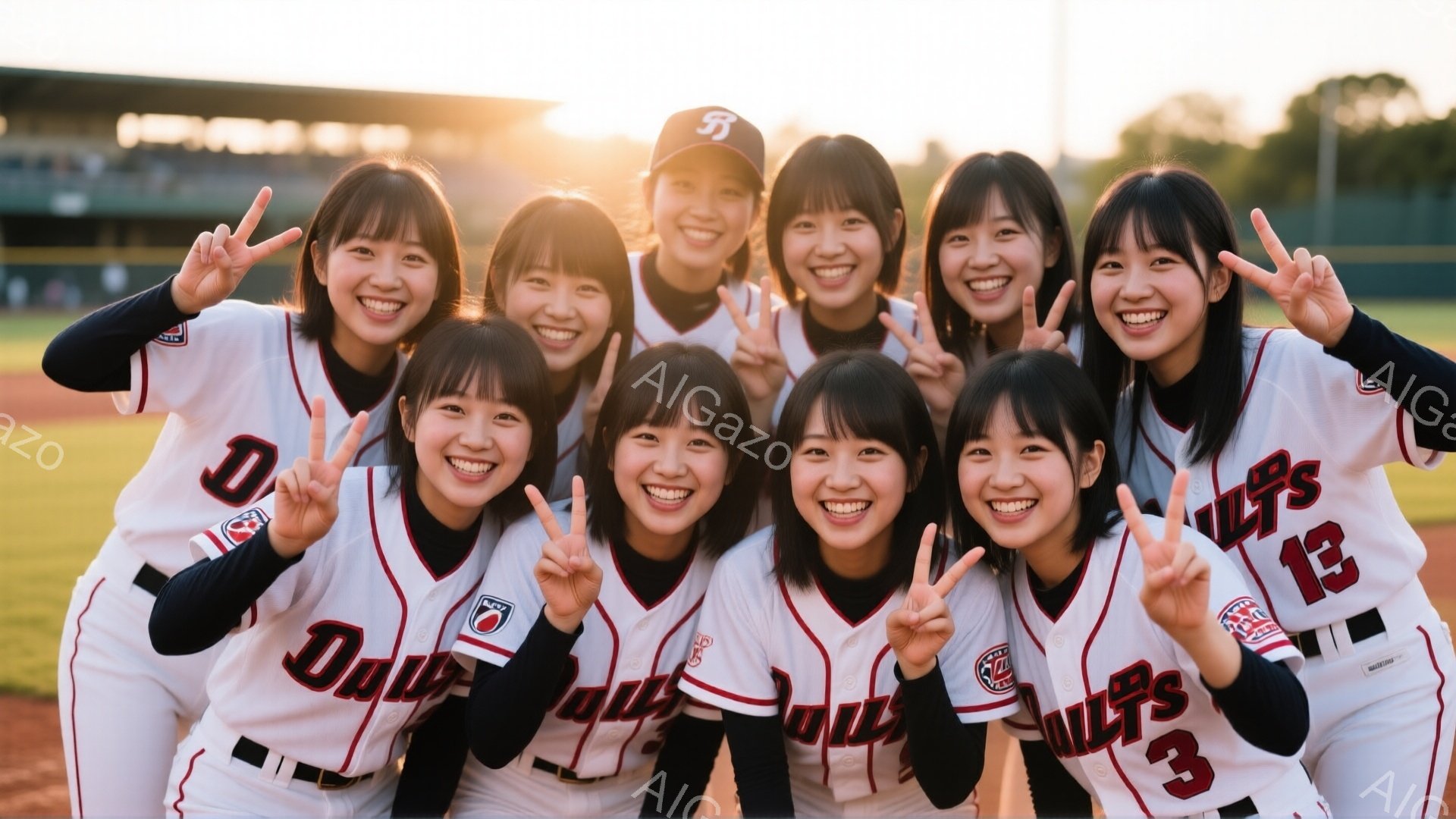 複数の若い女性野球選手が野球場に集まり、勝利を祝っている様子が写っています。彼女たちは白い野球ユニフォームと帽子を着用し、皆笑顔でピースサインを出しています。背景には緑のフィールドと夕焼けが見え、明る - AI生成フリー素材