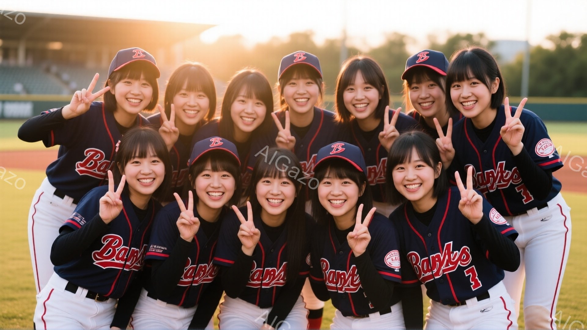紺色の野球ユニフォームを着た若い女性たちが、野球場に見える緑の芝生の上に密集して写っています。全員がベースボールキャップを被り、笑顔でピースサインをしており、チームの一員として結束している様子が伝わってきます。背景には観客席と、夕焼けのような暖かく明るい光が差し込んでおり、勝利の喜びや爽やかな雰囲気を醸し出しています。