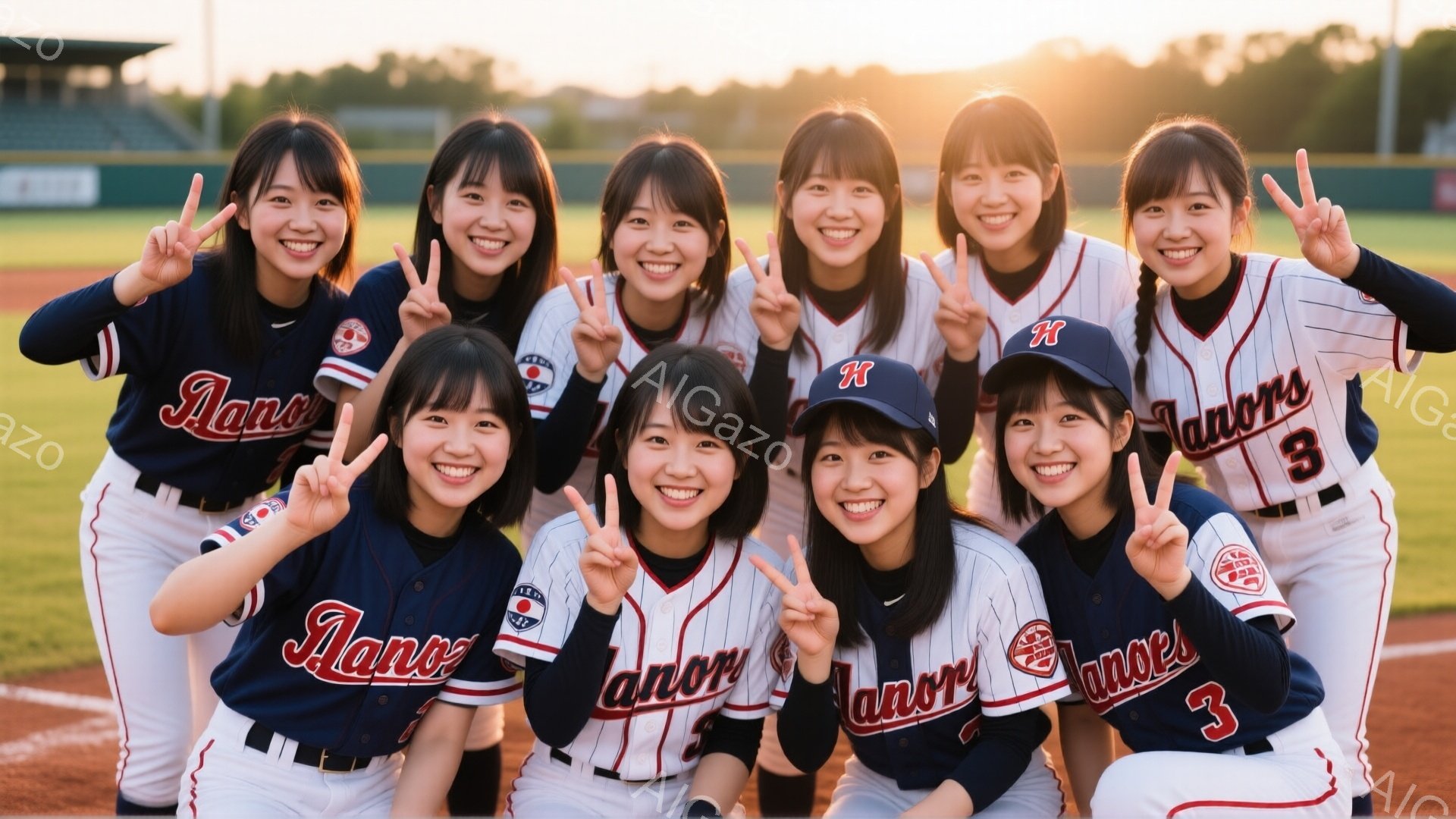 野球ユニフォームを着た若い女性たちのグループが、野球場のフィールドでポーズをとっています。彼女たちは皆、紺色のベースボールシャツに赤いラインと「lanor」という文字、そして背中に数字が入った白いズボンを着用し、それぞれ「V」サインをしています。背景には観客席と夕焼け空が見え、チームの勝利を祝うような明るく活気のある雰囲気が漂っています。
