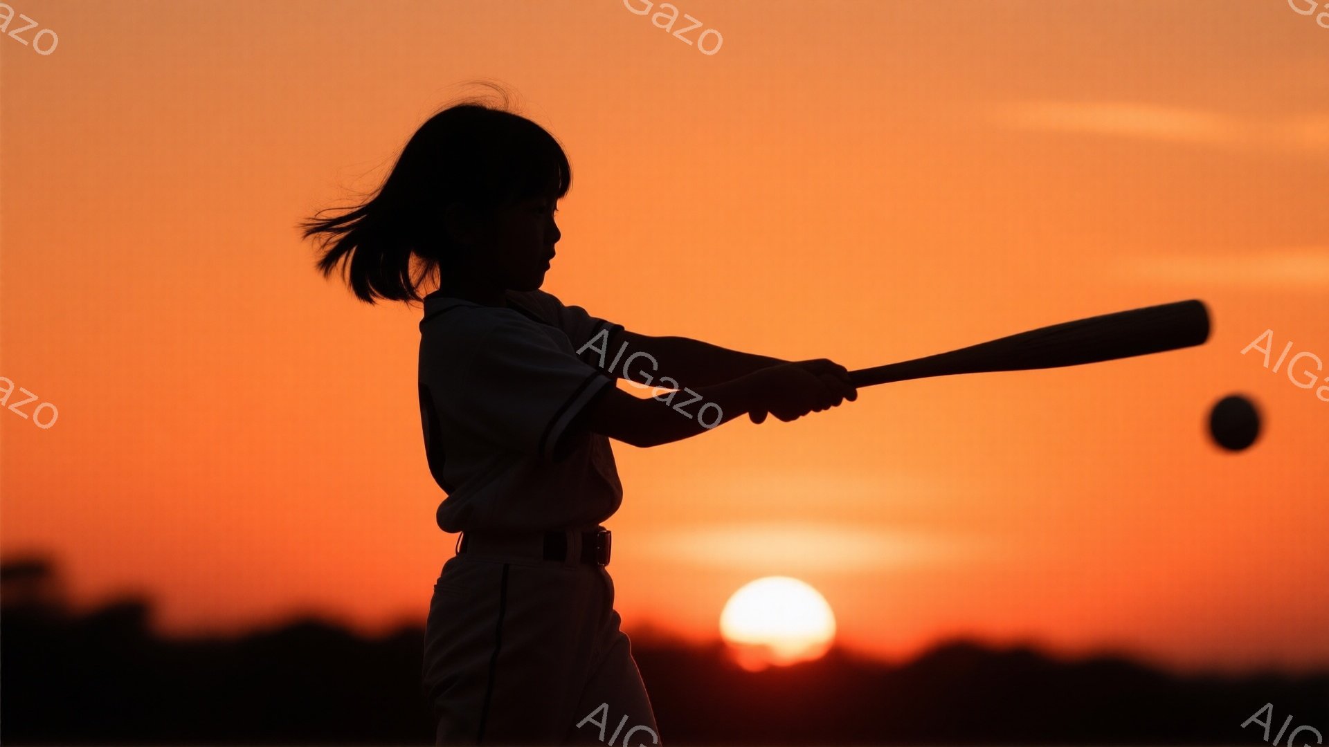 バッターは野球の試合でスイングしているシルエットで、後ろ髪が風になびいている。背景は燃えるような夕焼け空で、太陽が大きく輝き、遠くには暗い木々のシルエットが見える。 全体的に、夕暮れ時の活気あるスポーツシーンを捉えた、力強くドラマチックな雰囲気だ。