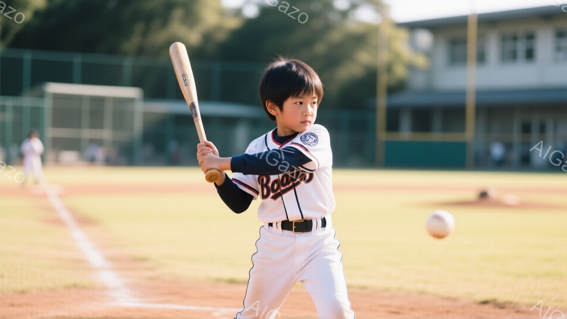 少年は野球の試合でバットを振る構えをとっています。白を基調としたユニフォームに「BOAU」と書かれた入ったシャツ、黒のベルトを着用し、黒髪を短く切っています。背景には緑の野球場と、ぼやけた建物が見え、 - AI生成フリー素材