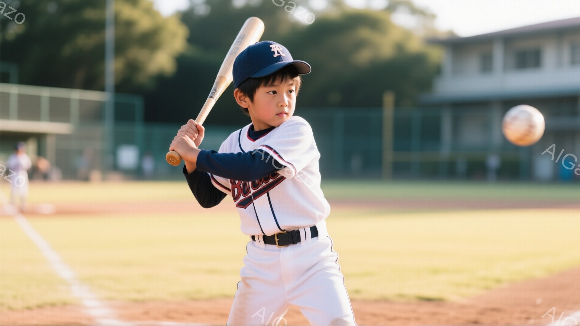 少年は野球の試合でバッターボックスに立っており、バットを構えてボールを打とうとしています。白いユニフォームにネイビーのライン、黒いベルト、そしてキャプを着用し、集中した表情でボールを見つめています。背 - AI生成フリー素材