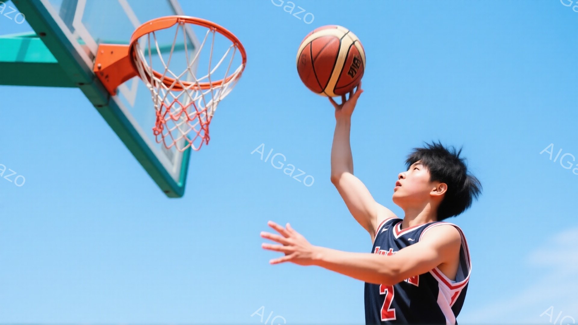 若い男性バスケットボール選手が、紺と赤のユニフォーム（背番号2）を着て、バスケットゴールに向かってシュートを放とうとしている。彼の髪型は黒く短髪で、集中した表情で腕を高く上げている。背景は晴れた青空で - AI生成フリー素材