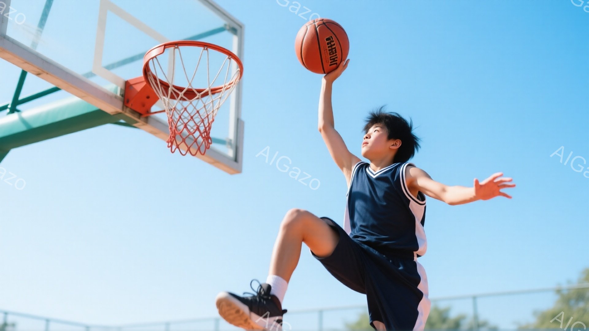少年はバスケットボールコートでジャンプシュートをしています。濃い青色のタンクトップと黒いショーツ、白いソックスとスニーカーを身につけ、黒髪を無造作にしています。背景には青空と緑の木々が見え、晴れた日の - AI生成フリー素材