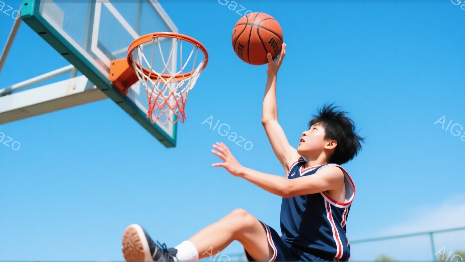 少年はバスケットボールコートでジャンプシュートをしています。紺色のユニフォームと白いソックス、スニーカーを着用し、黒い髪を無造作にしています。背景は晴れた青空で、コートのラインとネットが鮮明に見え、活 - AI生成フリー素材