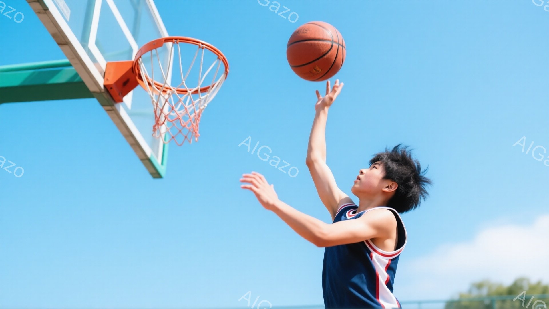 若い男性がバスケットボールコートでシュートを放とうとしています。彼は紺色と白のタンクトップを着ており、黒髪を短く整えています。背景は晴れた青空で、緑の木々が見え、全体的に明るく活気のある雰囲気です。 - AI生成フリー素材