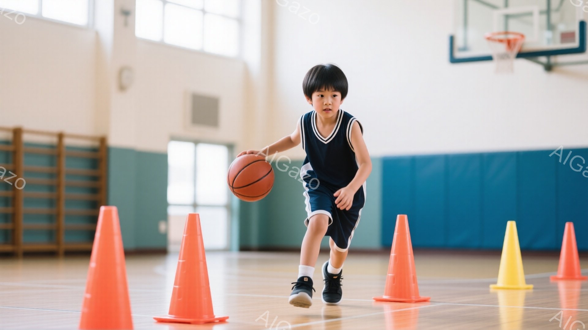 黒いバスケットボールウェアを着た少年が、体育館でドリブルをしている。少年は黒髪で、少し前かがみになり、オレンジと黄色のコーンの間を巧みにドリブルで進んでいる。背景にはバスケットゴールが見え、明るく清潔 - AI生成フリー素材