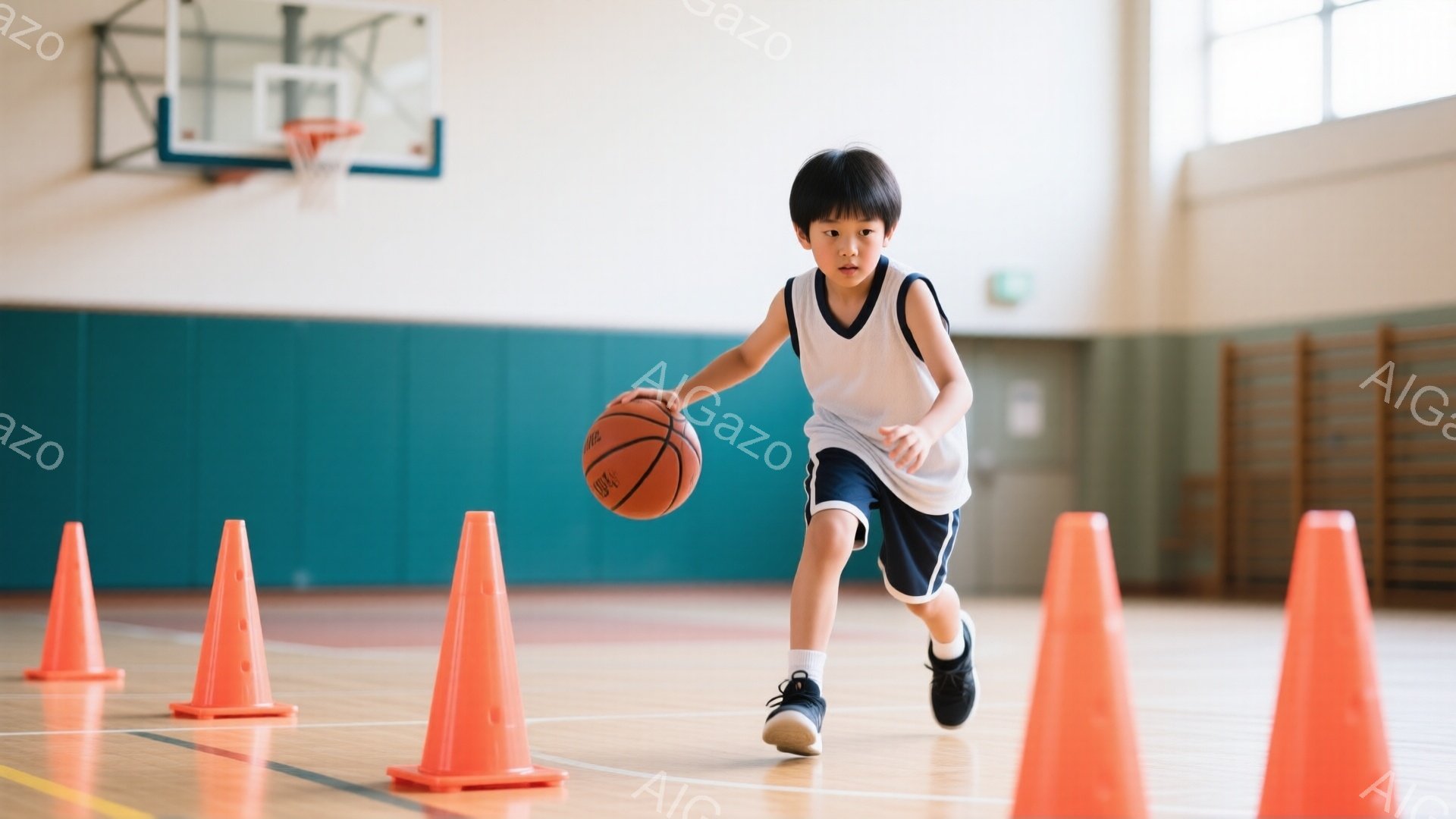 少年はバスケットボールを持ってドリブルをしている。青いショーツと白いタンクトップ姿で、黒いシューズを履いている。背景にはオレンジ色のコーンが並び、バスケットボールコートの床が光っている。