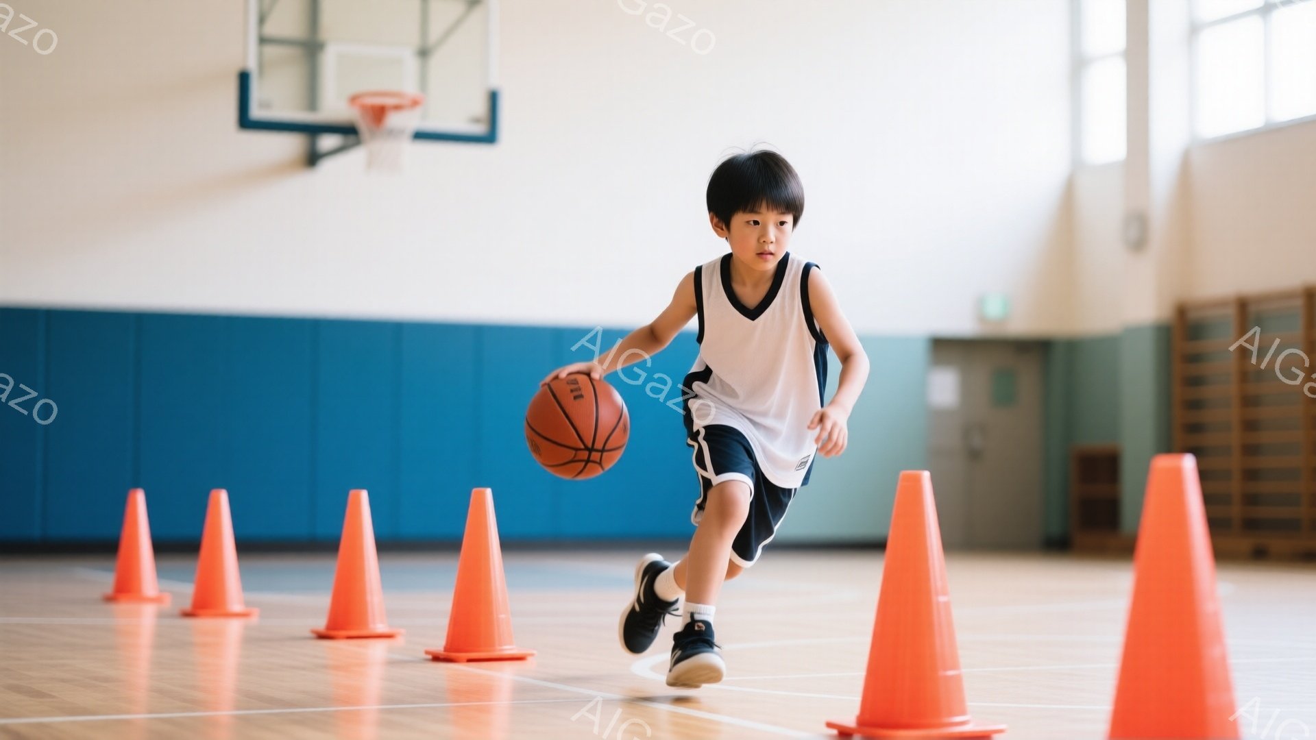 少年はバスケットボールを持ってドリブルしながら、オレンジ色のコーンの間を走っている。白いタンクトップと黒いショーツ、スニーカーを着用し、短髪で真剣な表情をしている。体育館の床は木製で、壁は水色とベージ - AI生成フリー素材