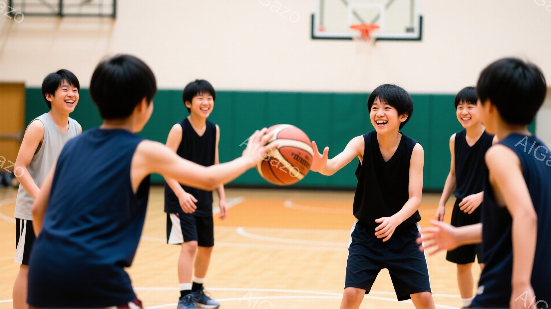 体育館でバスケットボールをする少年たちが写っています。彼らは皆、黒または青のバスケットボールウェアと短パンを着用し、短髪です。笑顔でボールをパスし合う様子から、楽しげな雰囲気が伝わってきます。 - AI生成フリー素材