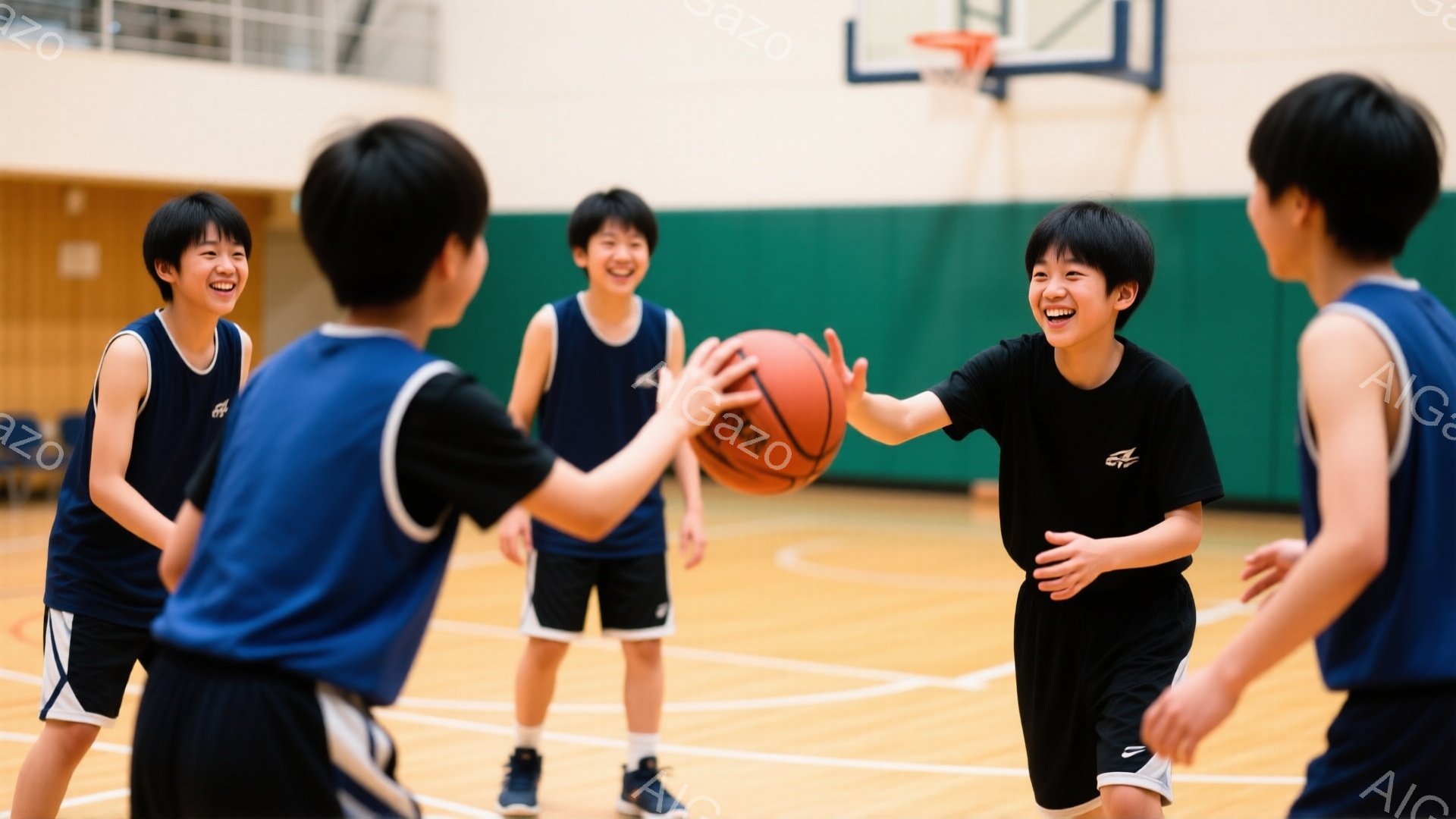 体育館でバスケットボールをしている少年たちが写っています。黒と青のユニフォームを着ており、明るい笑顔を浮かべてボールをパスしています。背景には観客席とバスケットゴールが見え、活気のある雰囲気です。 - AI生成フリー素材