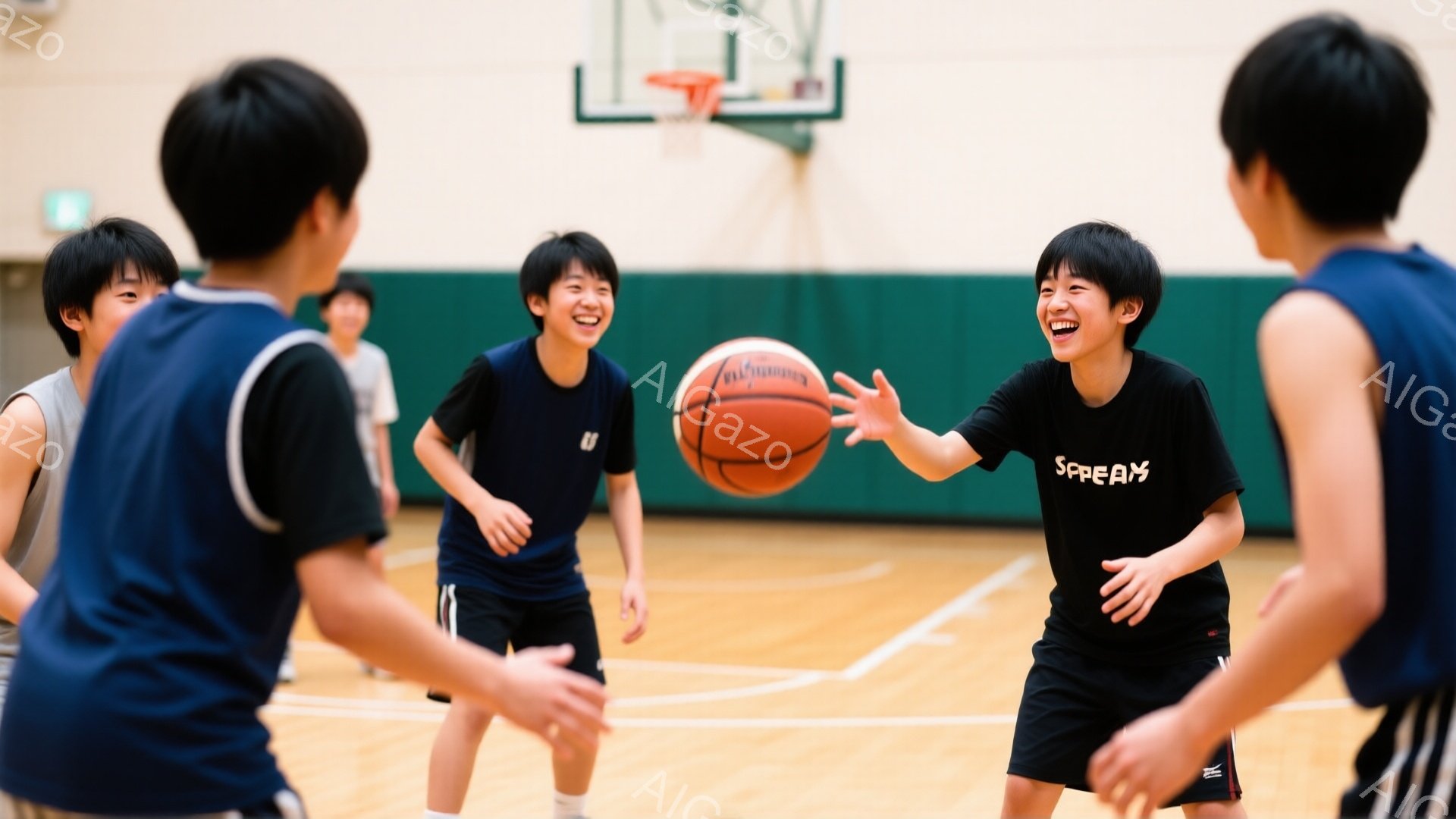 バスケコートで少年たちがバスケットボールをしている写真です。黒いTシャツとショーツ姿の少年がボールを持っており、笑顔でパスをしようとしています。背景はコートの床と壁で、他の少年たちも青いユニフォームを着て、ボールを受ける準備をしている活気ある雰囲気です。