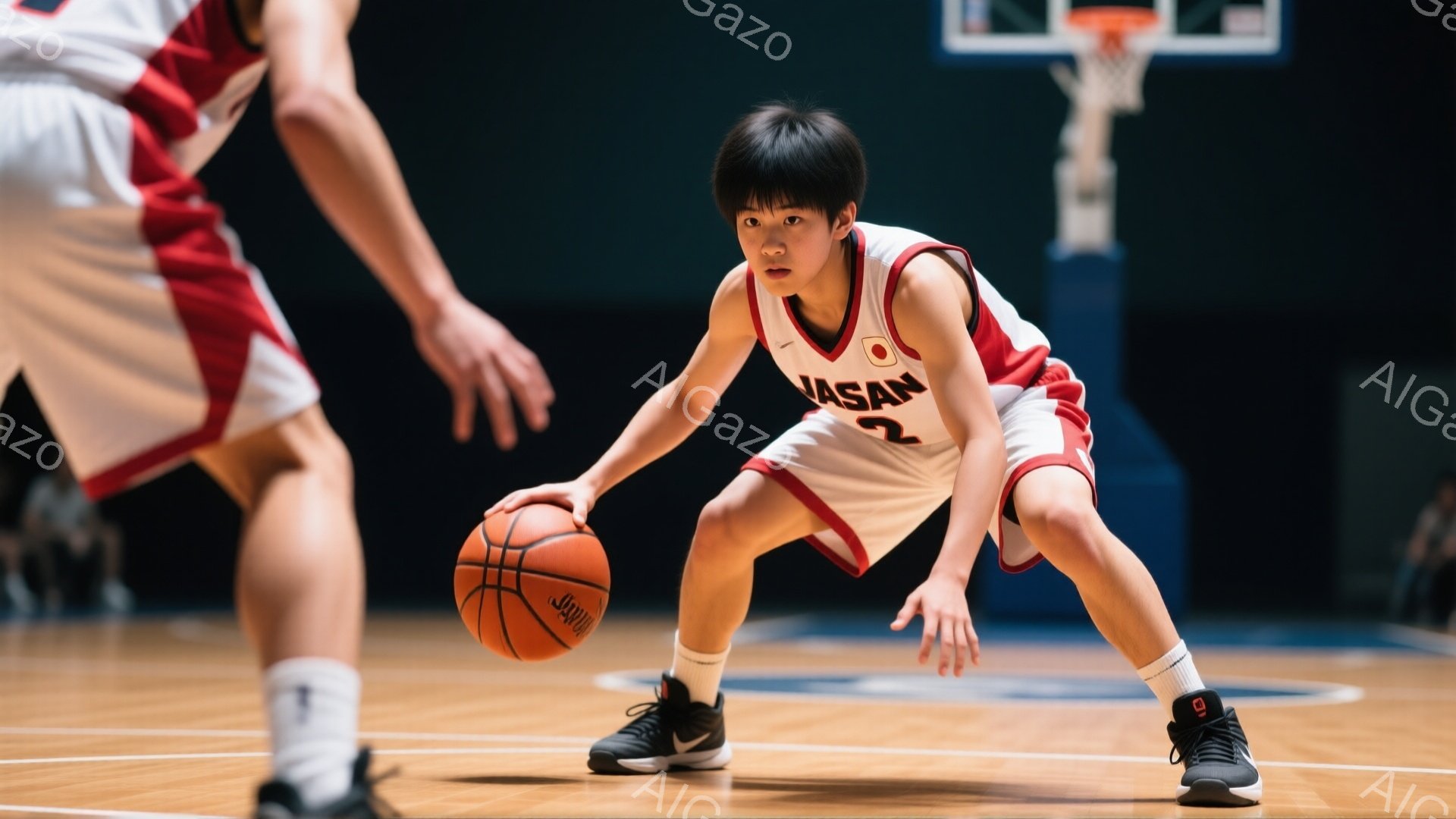 この画像には、バスケットボールコートでドリブルをしている若い男性が写っています。彼は白いシャツに赤い縁取りと「VASAN」という文字、赤いショーツ、黒いスニーカーを着用し、黒髪を短く切っています。集中した表情でボールを見つめ、膝を曲げてドリブルの姿勢を取っています。