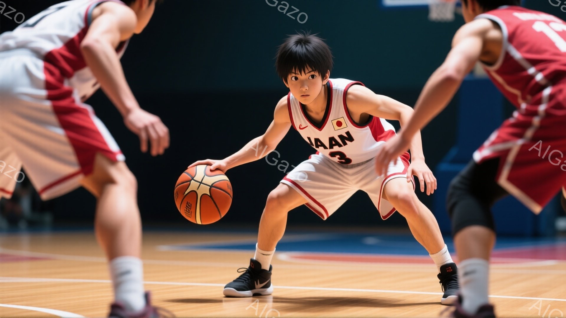 画像はバスケットボールの試合中の様子で、日本代表のユニフォームを着た若い男性選手がボールを保持している。彼は黒髪で前髪を下ろしたヘアスタイルをしており、集中した表情でボールを見つめている。背景には他の選手が見え、体育館の床は木製で、競技場であることを示している。